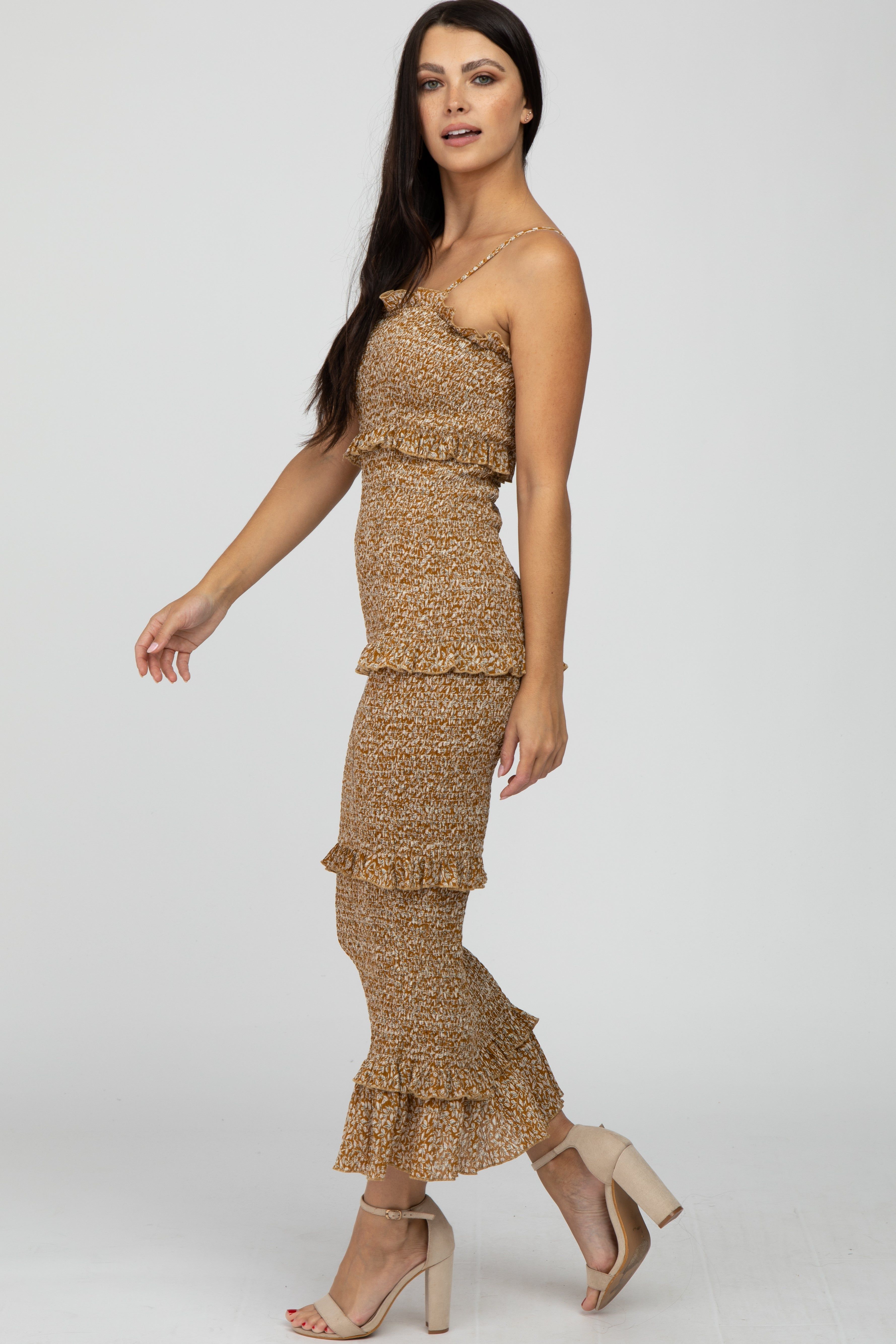 Mustard Leaf Print Smocked Fitted Midi Dress sold by Pinkblush product image thumbnail 3