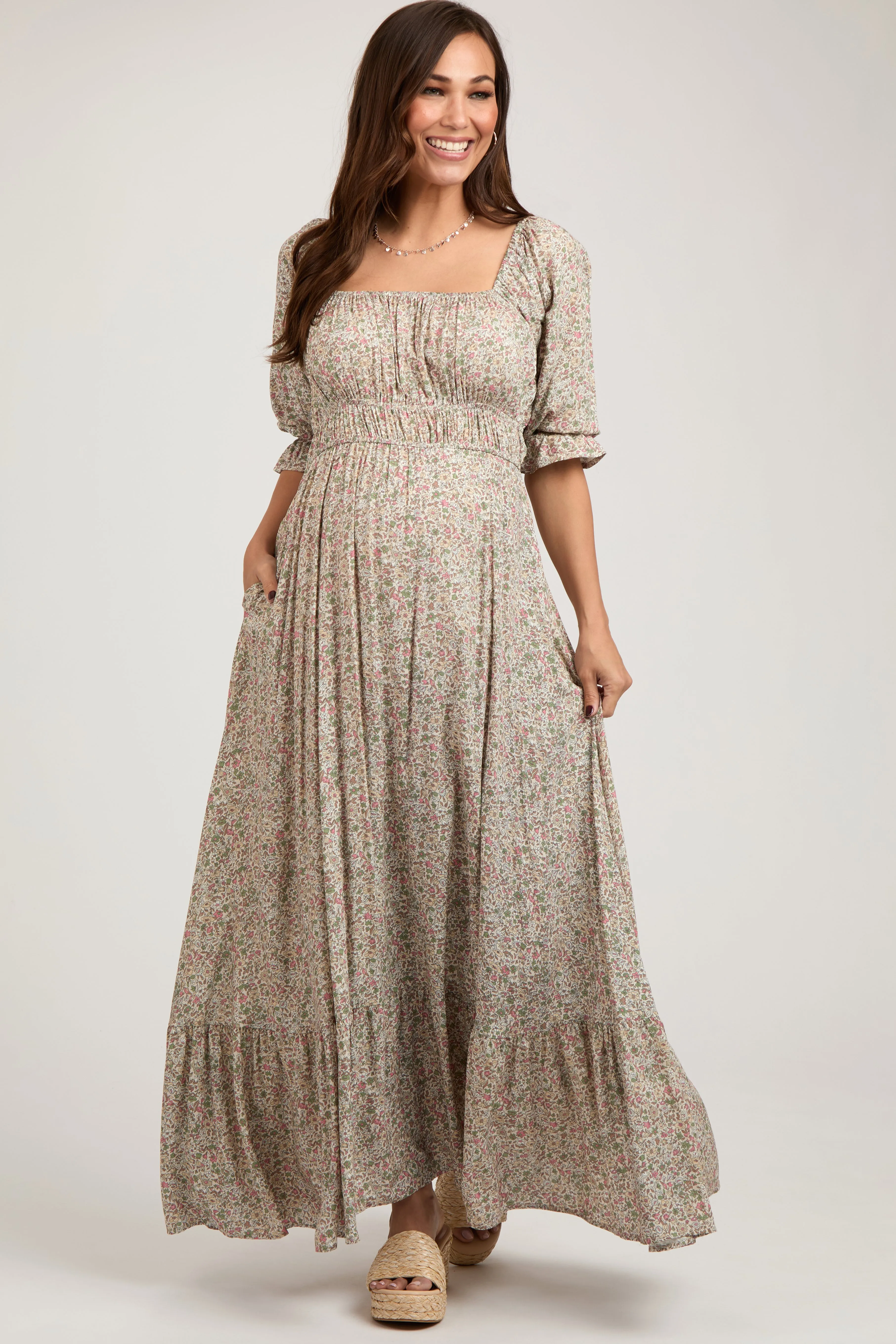Beige Floral Criss Cross Back Maternity Maxi Dress sold by Pinkblush product image thumbnail 2