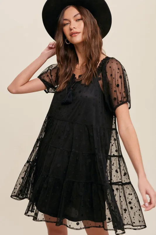 Black Polka Dot Mesh Front Tie Tiered Dress sold by Pinkblush