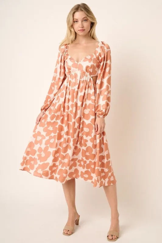 Copper Large Flower Print Cut Out Detail Midi Dress sold by Pinkblush