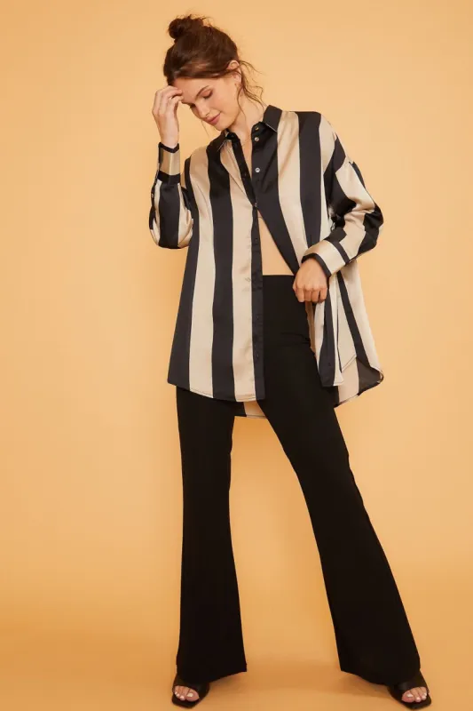Black Khaki Wide Striped Satin Relaxed Fit Woven Blouse sold by Pinkblush