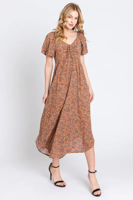 Mocha Floral Front Ruched Tie Midi Dress sold by Pinkblush