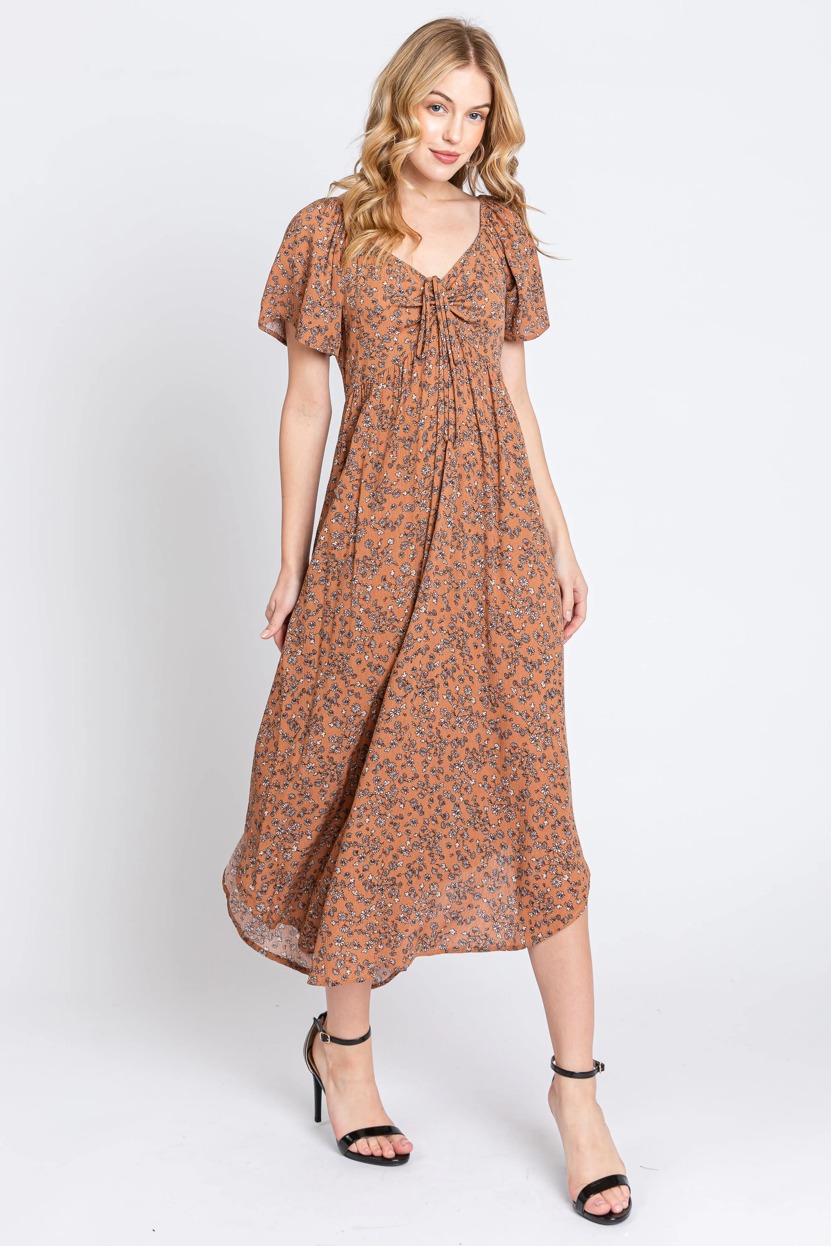 Mocha Floral Front Ruched Tie Midi Dress sold by Pinkblush