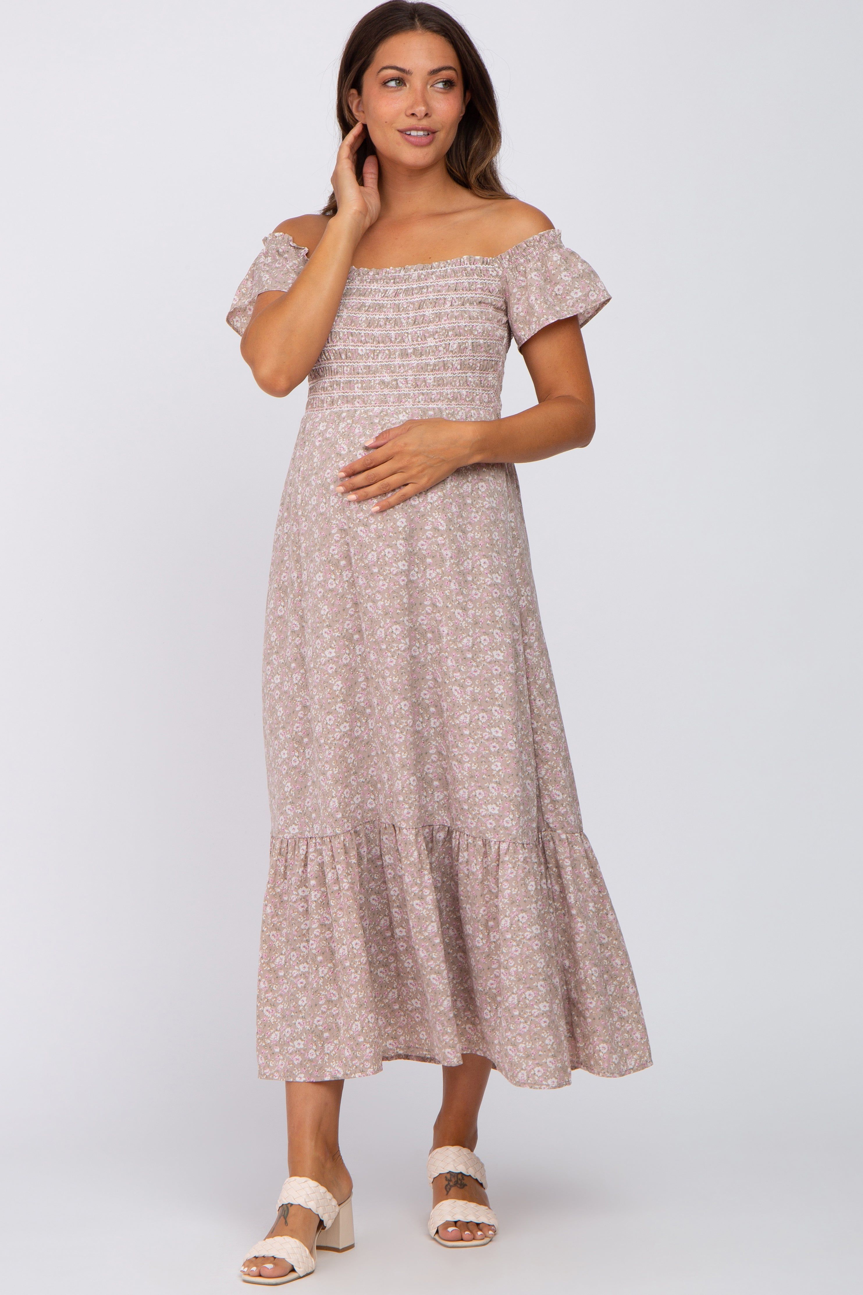 Light Pink Floral Smocked Square Neck Maternity Midi Dress sold by Pinkblush