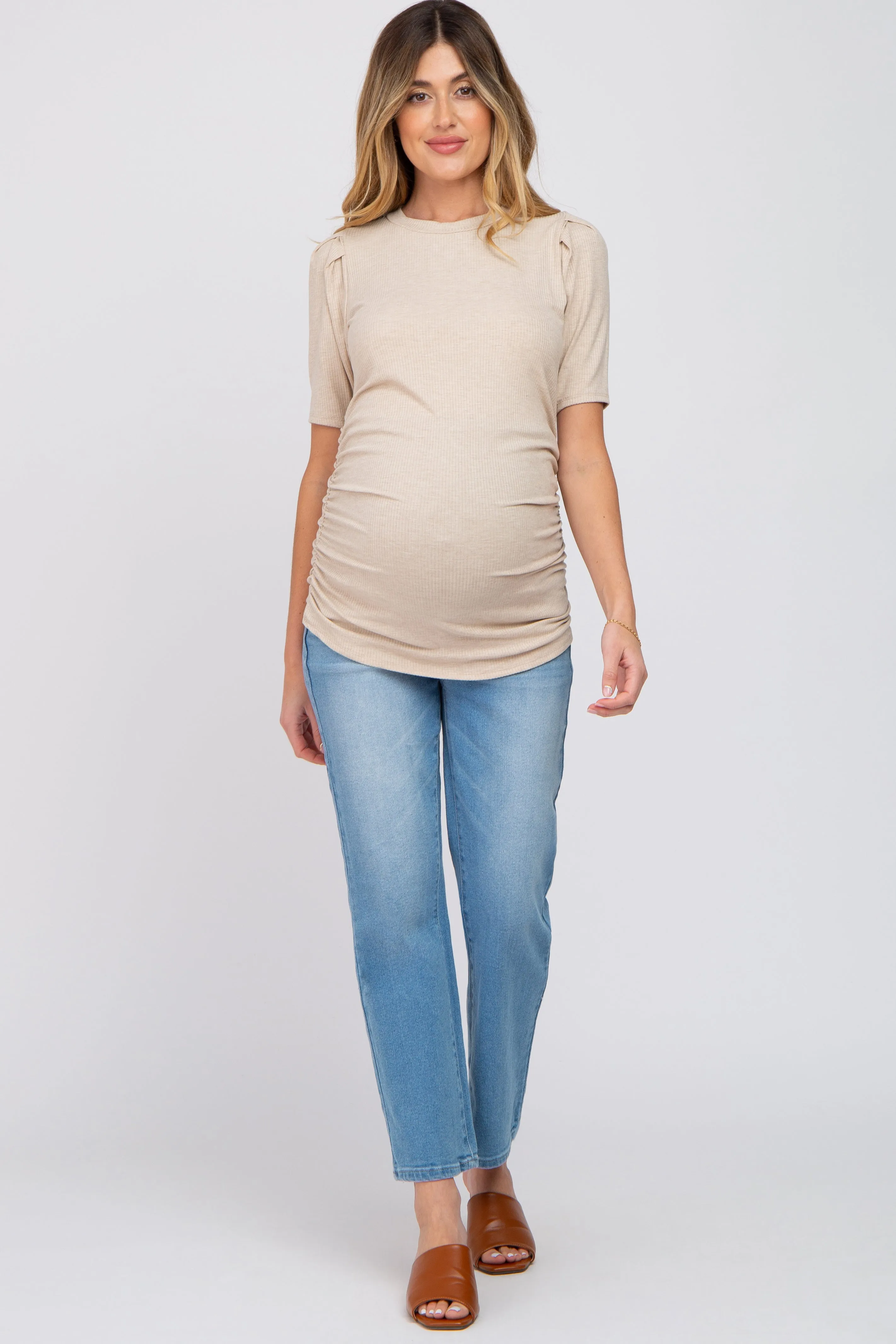 Beige Ribbed Puff Sleeve Ruched Maternity Top sold by Pinkblush product image thumbnail 4