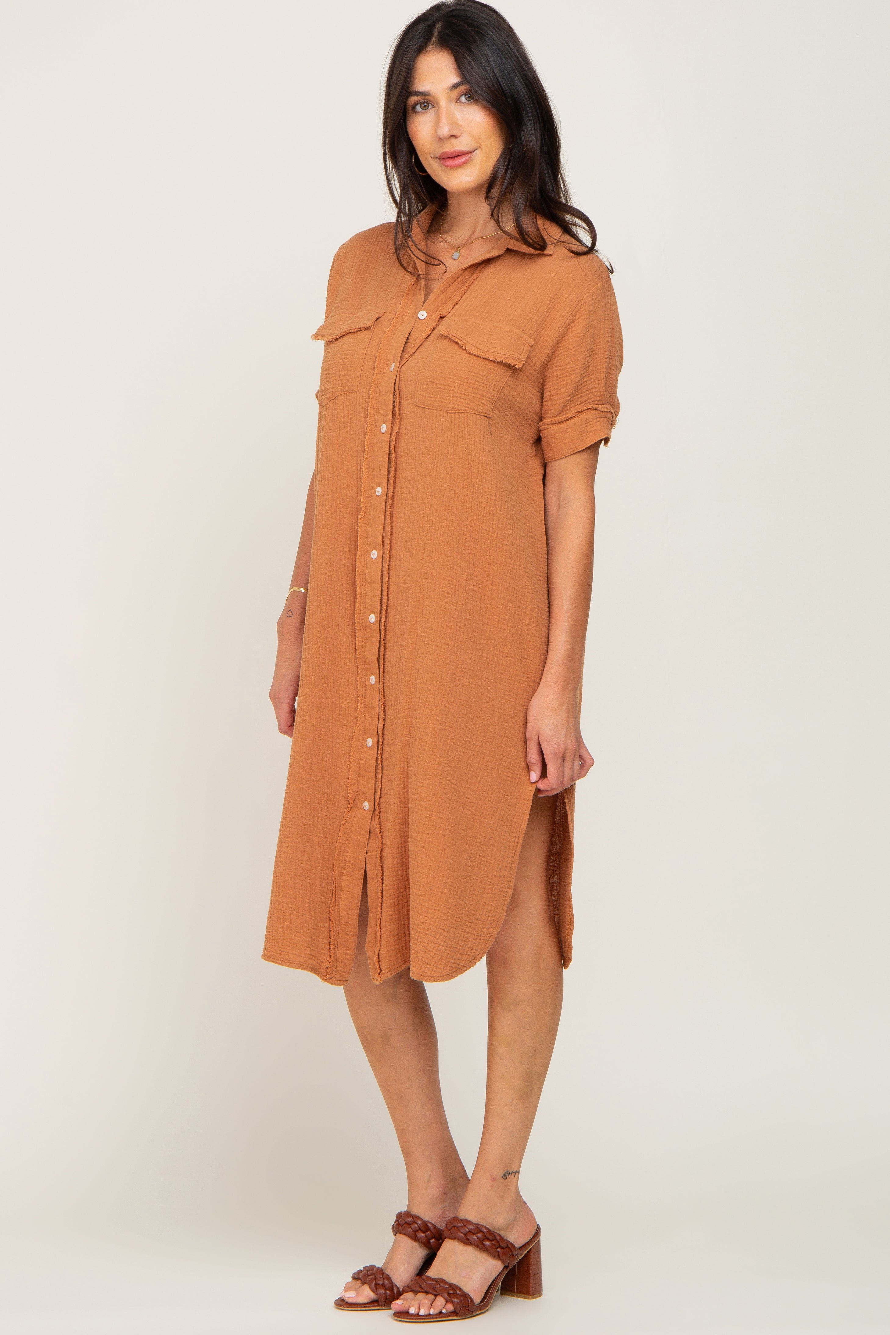 Camel Fringe Button Down Midi Dress sold by Pinkblush product image thumbnail 2