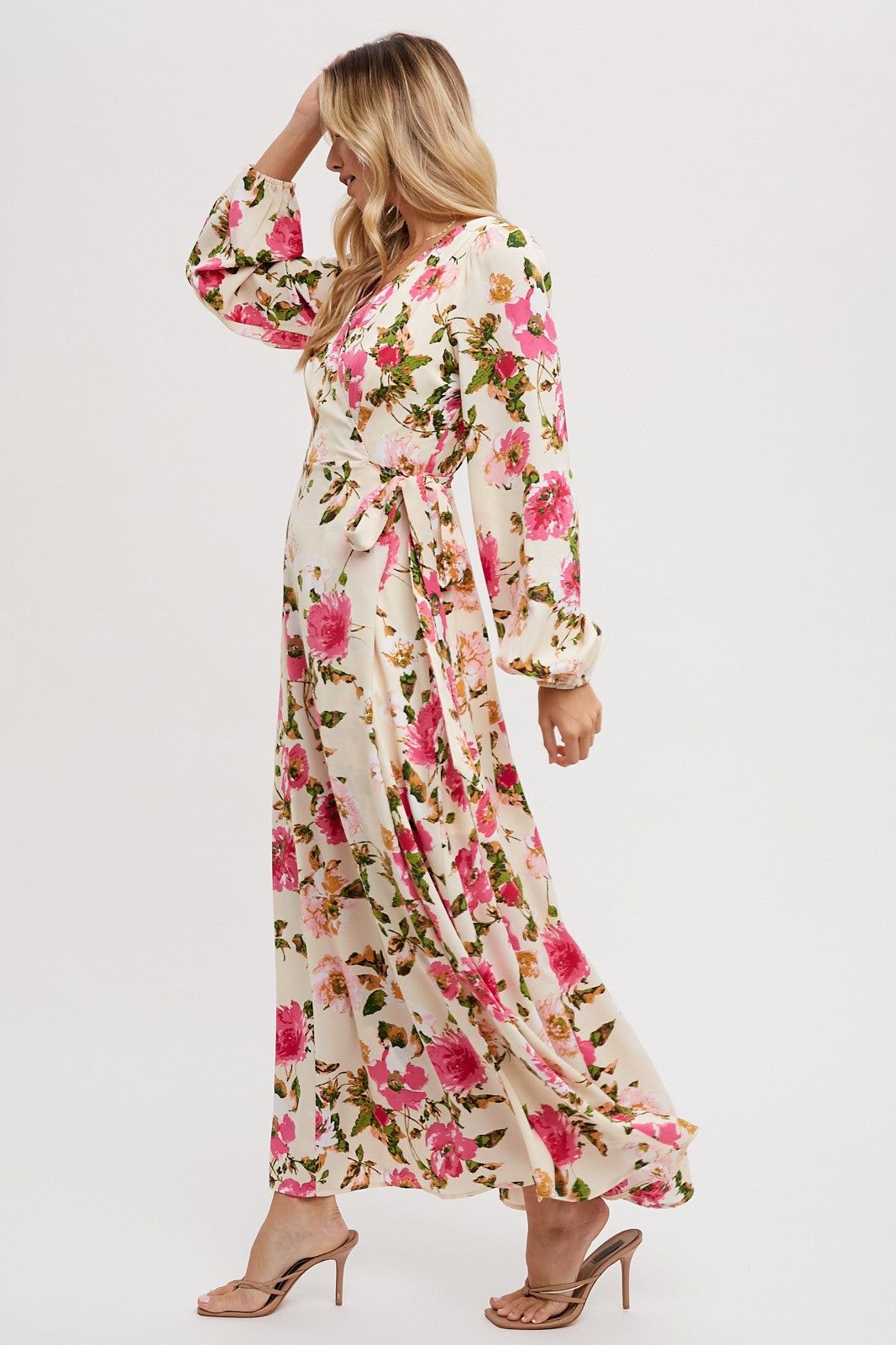 Cream Floral Print Satin Wrap Maxi Dress sold by Pinkblush product image thumbnail 2