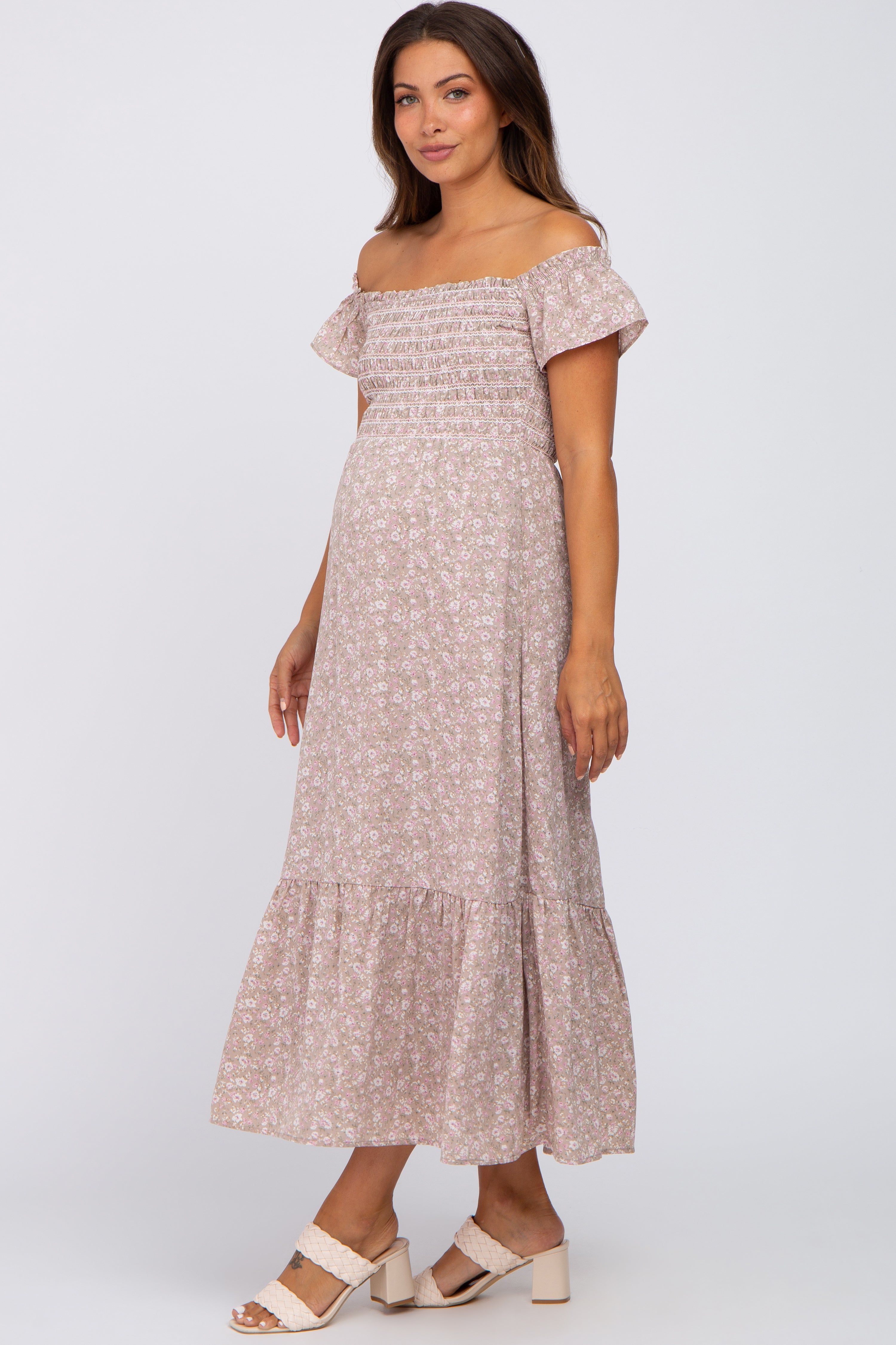 Light Pink Floral Smocked Square Neck Maternity Midi Dress sold by Pinkblush product image thumbnail 2