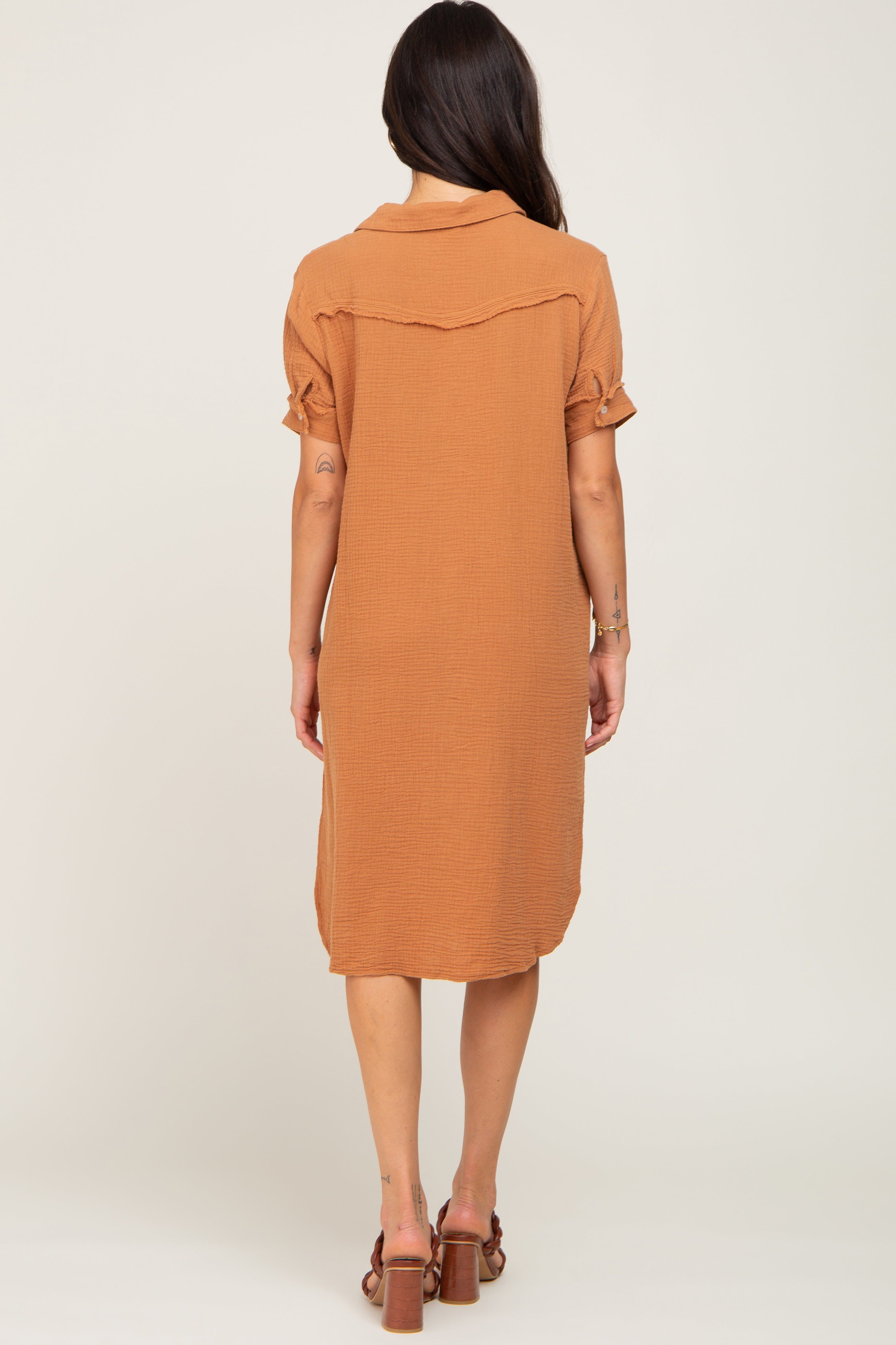 Camel Fringe Button Down Midi Dress sold by Pinkblush product image thumbnail 3