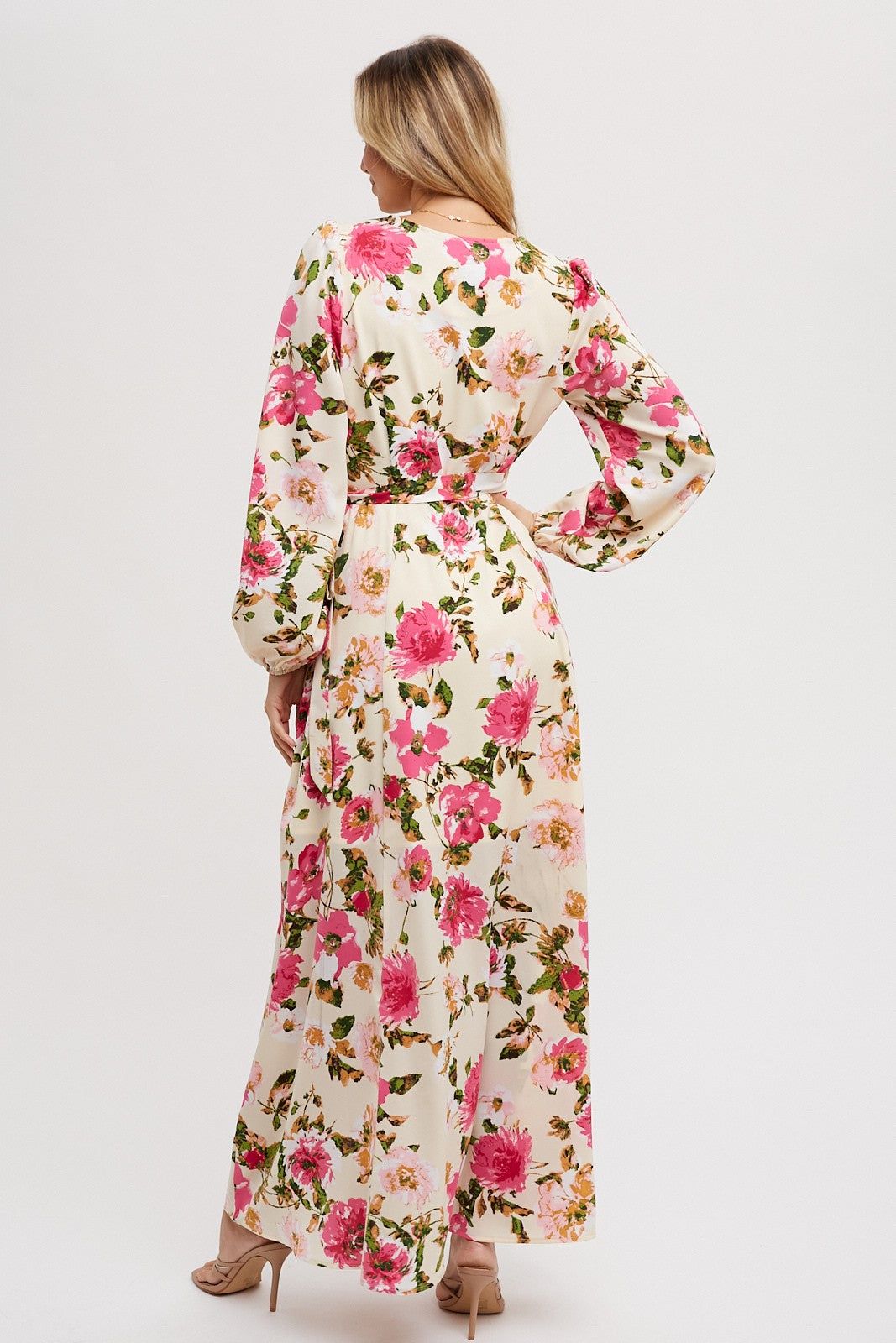 Cream Floral Print Satin Wrap Maxi Dress sold by Pinkblush product image thumbnail 3