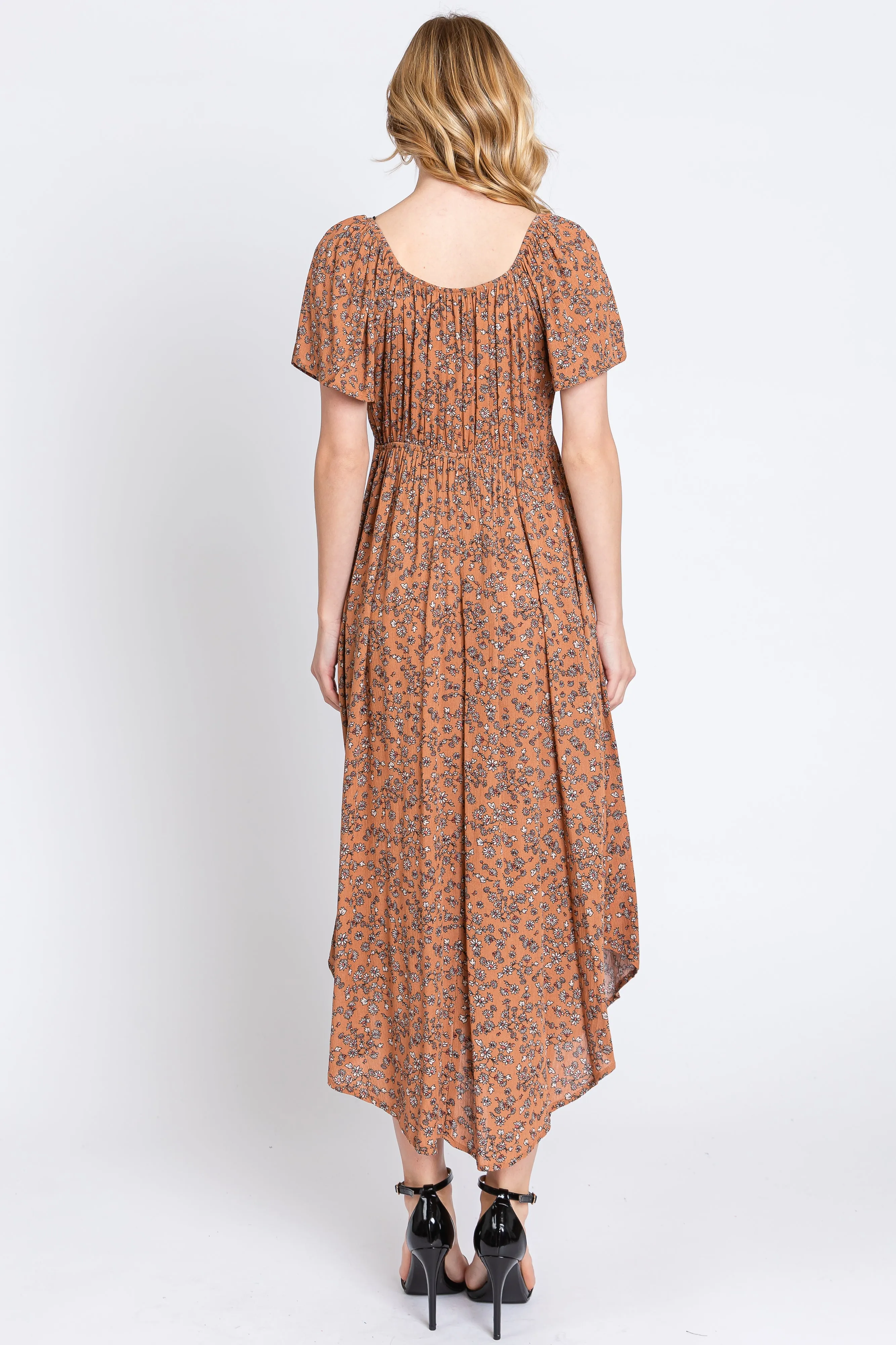 Mocha Floral Front Ruched Tie Midi Dress sold by Pinkblush product image thumbnail 3