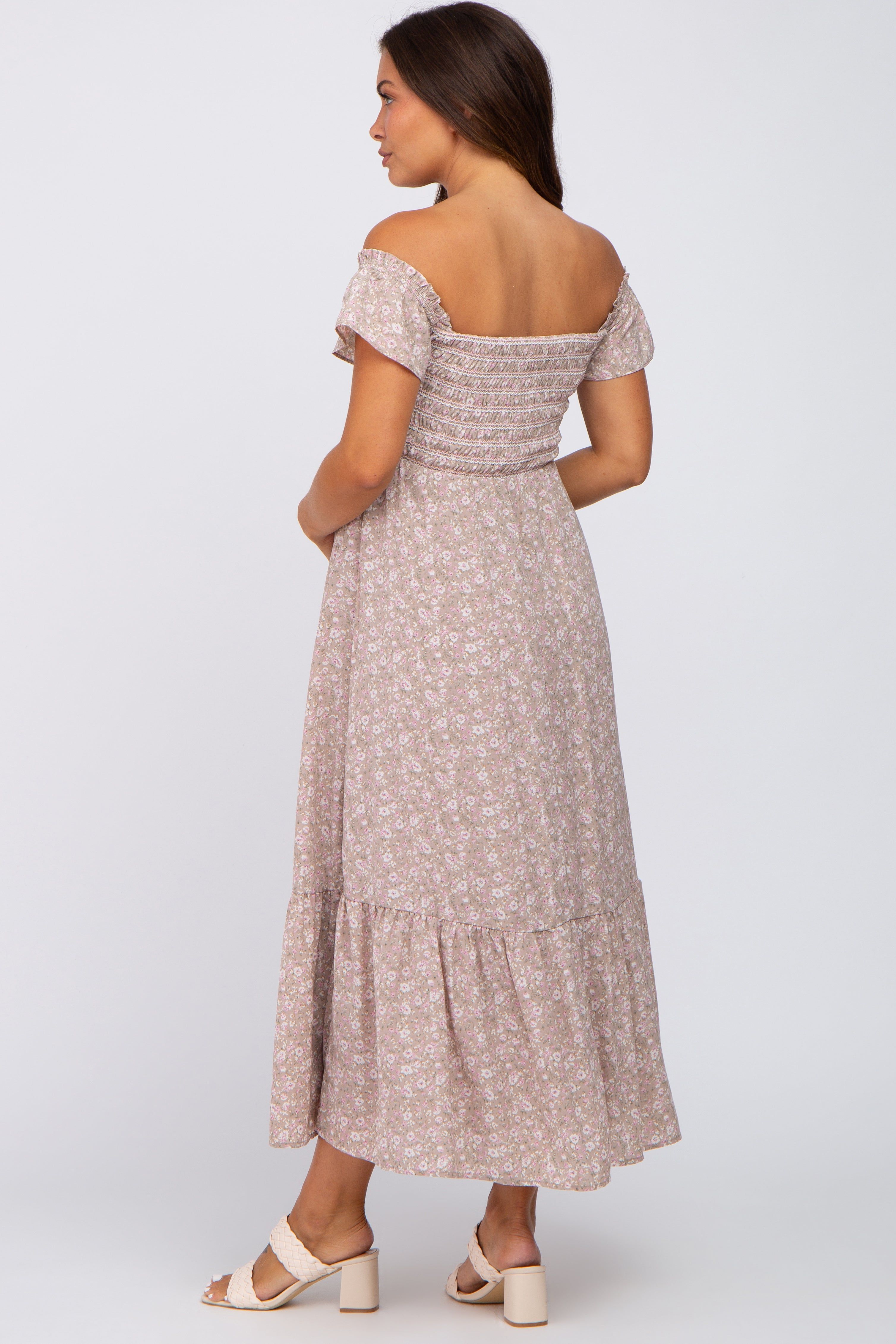 Light Pink Floral Smocked Square Neck Maternity Midi Dress sold by Pinkblush product image thumbnail 3