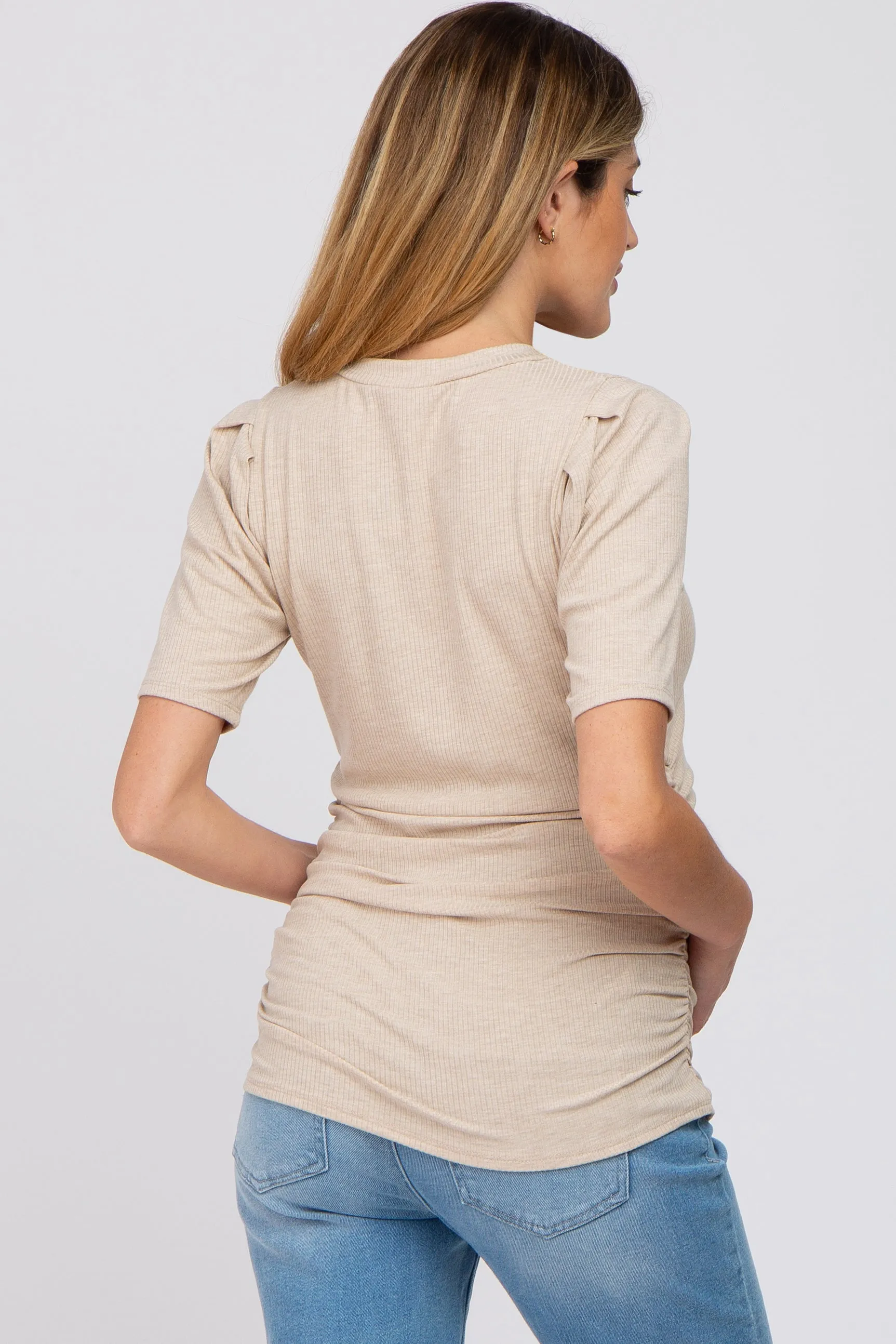 Beige Ribbed Puff Sleeve Ruched Maternity Top sold by Pinkblush product image thumbnail 3
