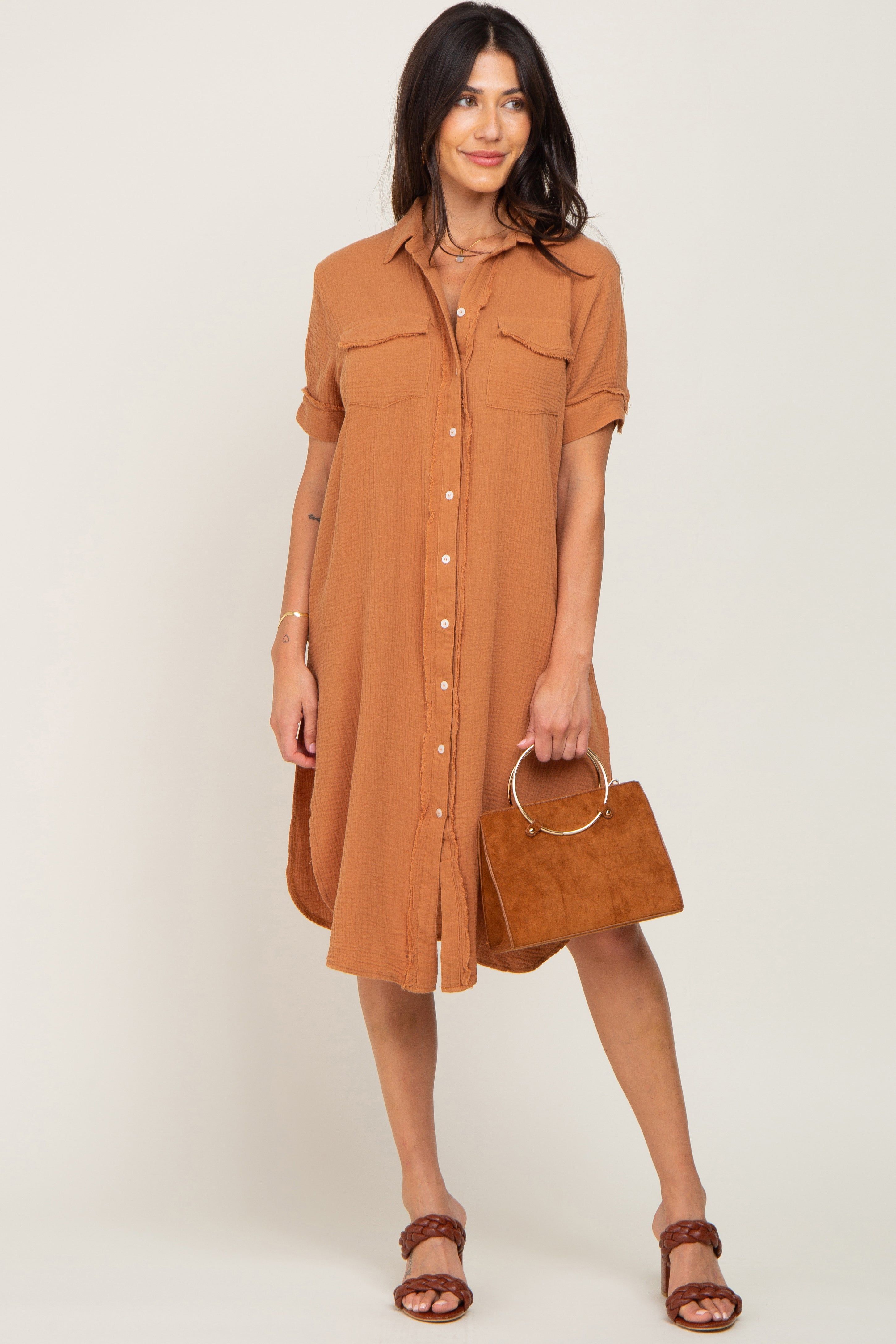 Camel Fringe Button Down Midi Dress sold by Pinkblush