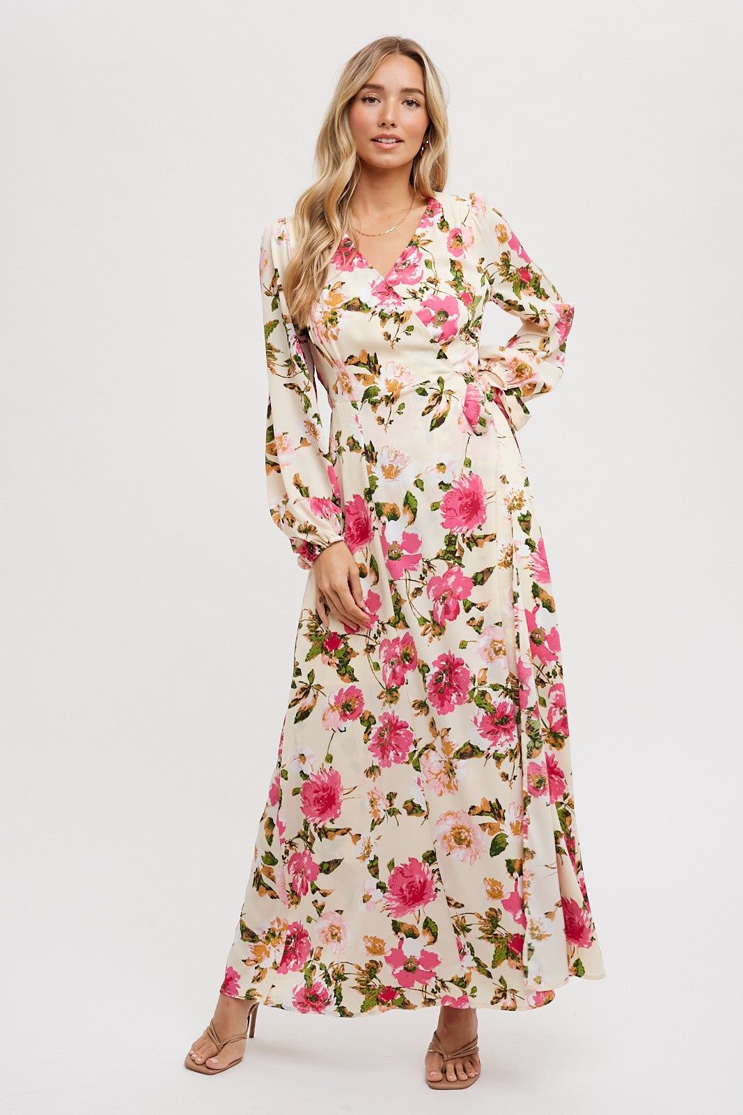 Cream Floral Print Satin Wrap Maxi Dress sold by Pinkblush