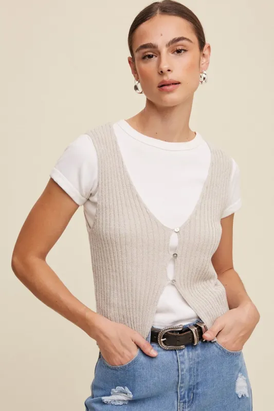 Stone Open Ribbed Knit Button Down Vest sold by Pinkblush