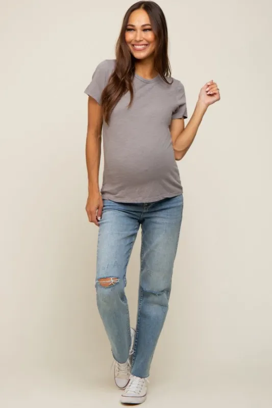 Grey Slub Knit Cropped Maternity T-Shirt sold by Pinkblush