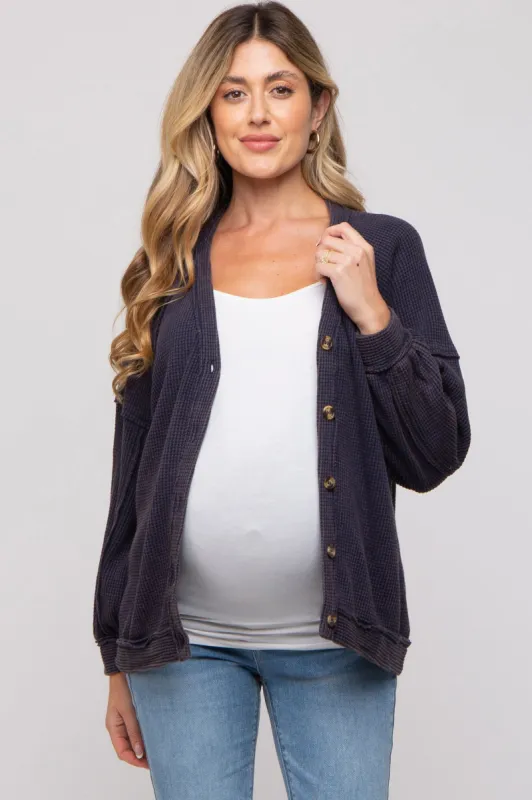 Navy Waffle Knit Button Long Sleeve Maternity Top sold by Pinkblush