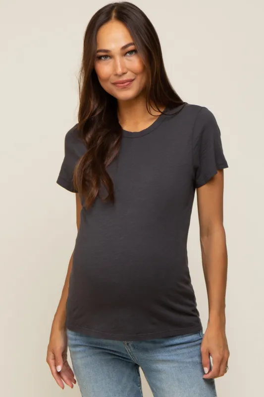 Charcoal Slub Knit Cropped Maternity T-Shirt sold by Pinkblush