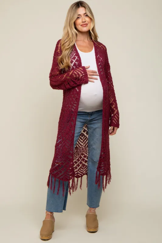 Burgundy Crochet Fringe Hem Maternity Cardigan sold by Pinkblush