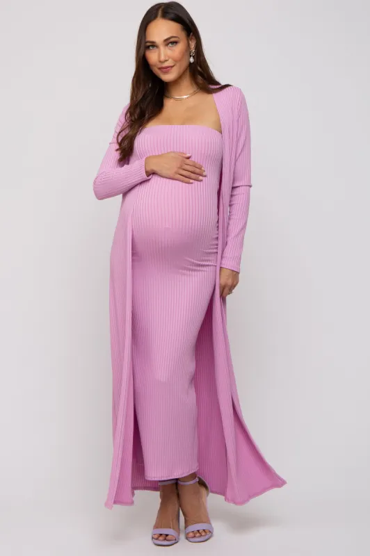 Pink Ribbed Sleeveless Dress Cardigan Maternity Set sold by Pinkblush