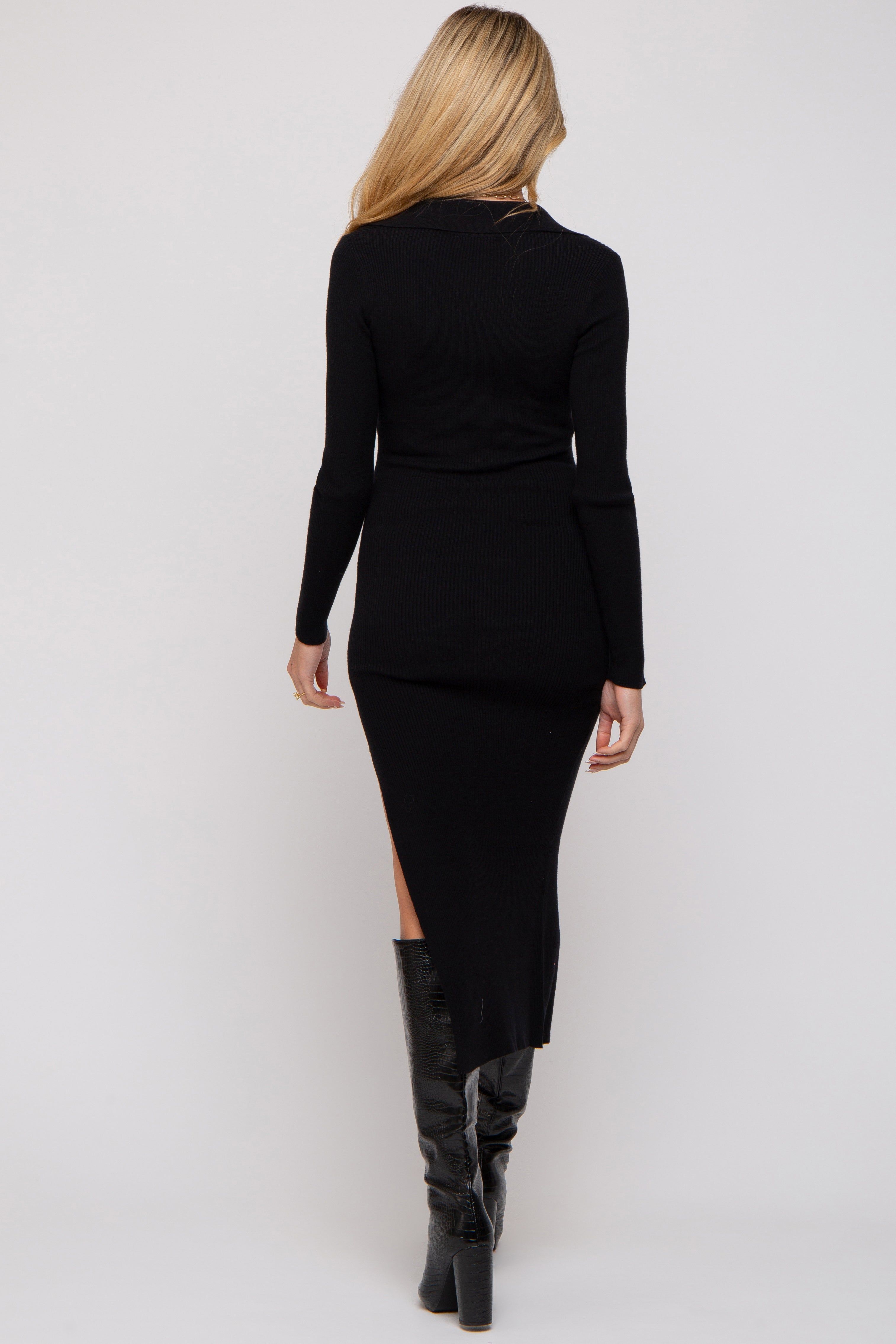 Black Ribbed Collared Fitted Side Slit Maternity Midi Dress sold by Pinkblush product image thumbnail 4