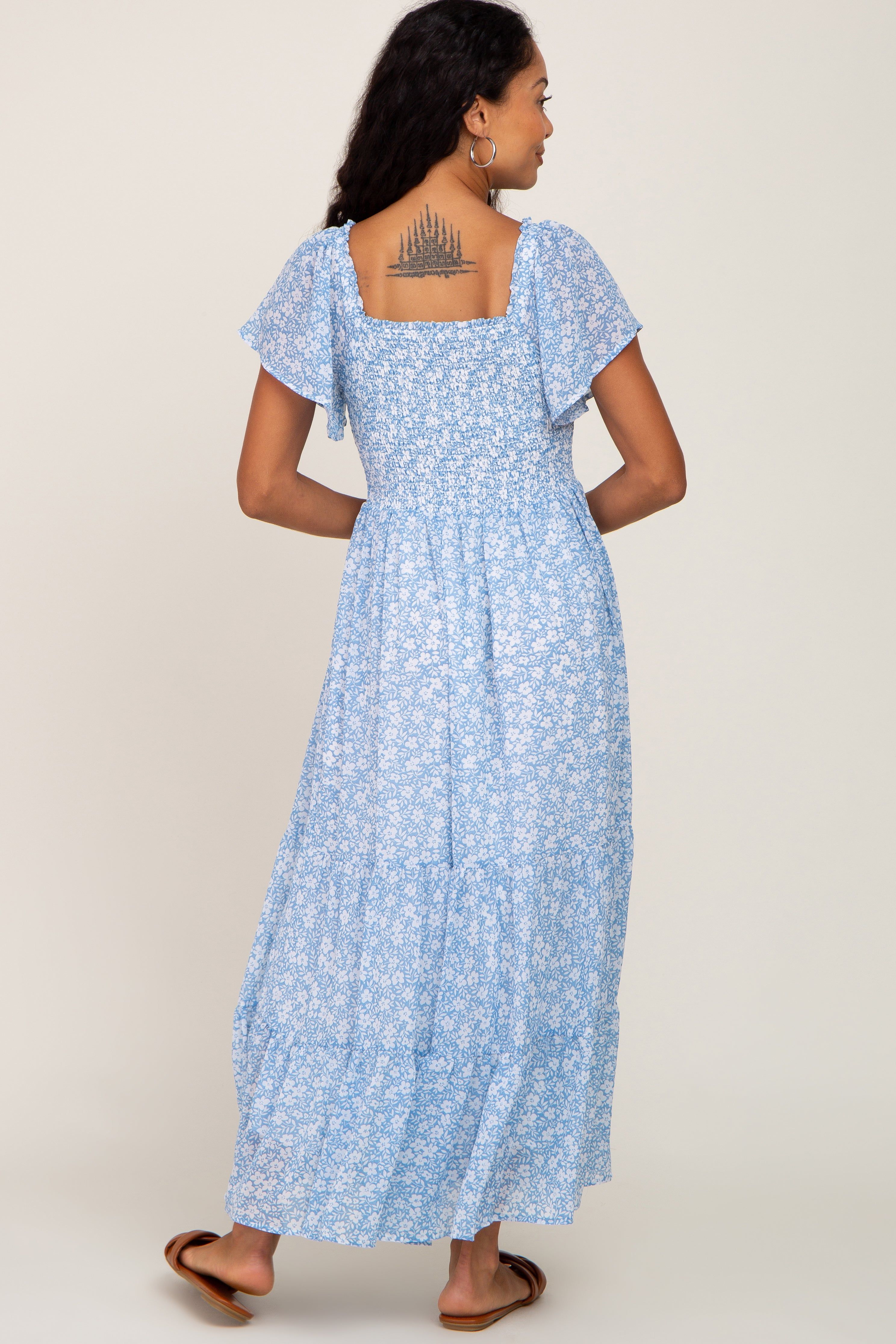 Blue Floral Smocked Tiered Maxi Dress sold by Pinkblush product image thumbnail 3