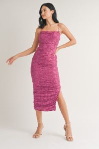 Magenta Floral Lace Ruched Cross Back Midi Dress sold by Pinkblush