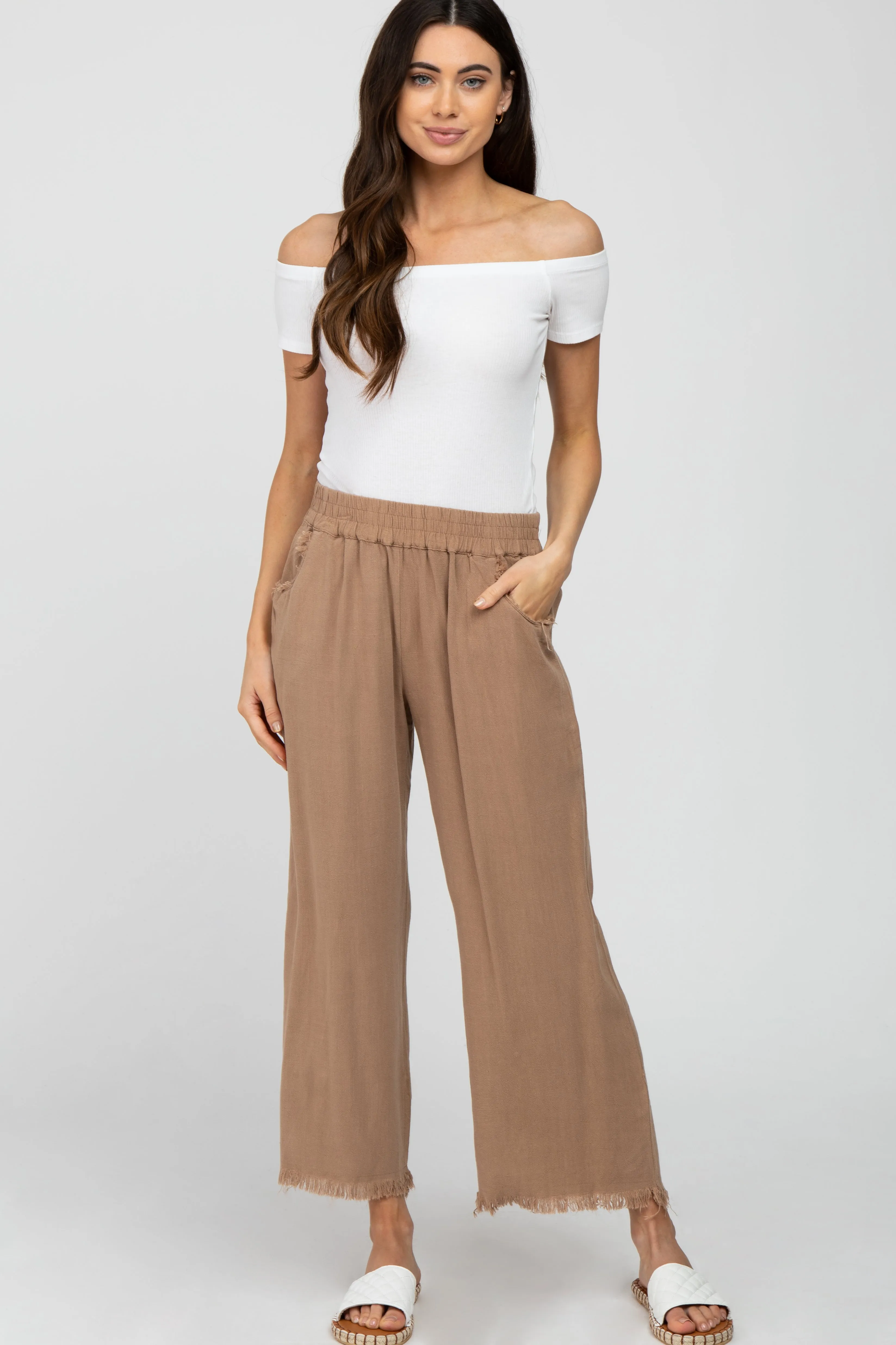 Taupe Linen Frayed Hem Crop Pants sold by Pinkblush
