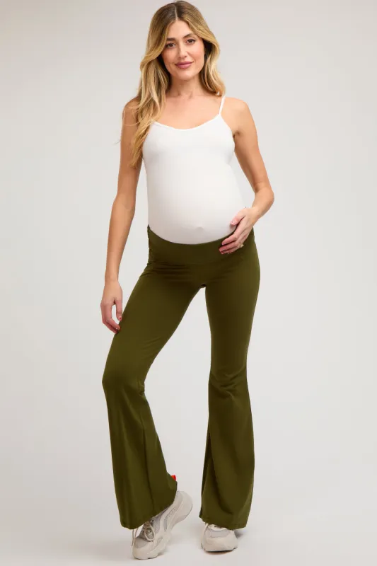 Olive Fold-Over Waistband Flared Maternity Leggings sold by Pinkblush