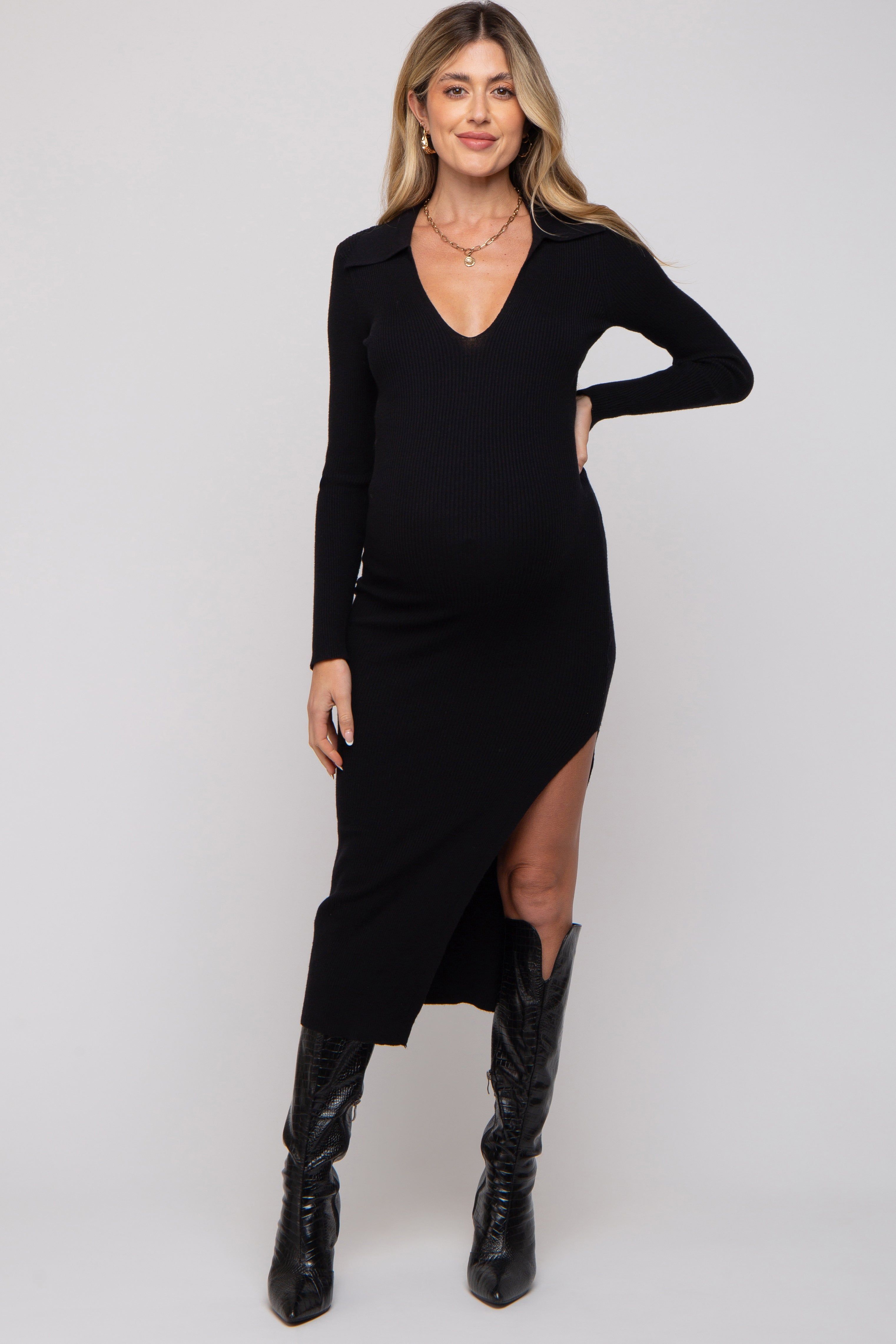Black Ribbed Collared Fitted Side Slit Maternity Midi Dress sold by Pinkblush product image thumbnail 2