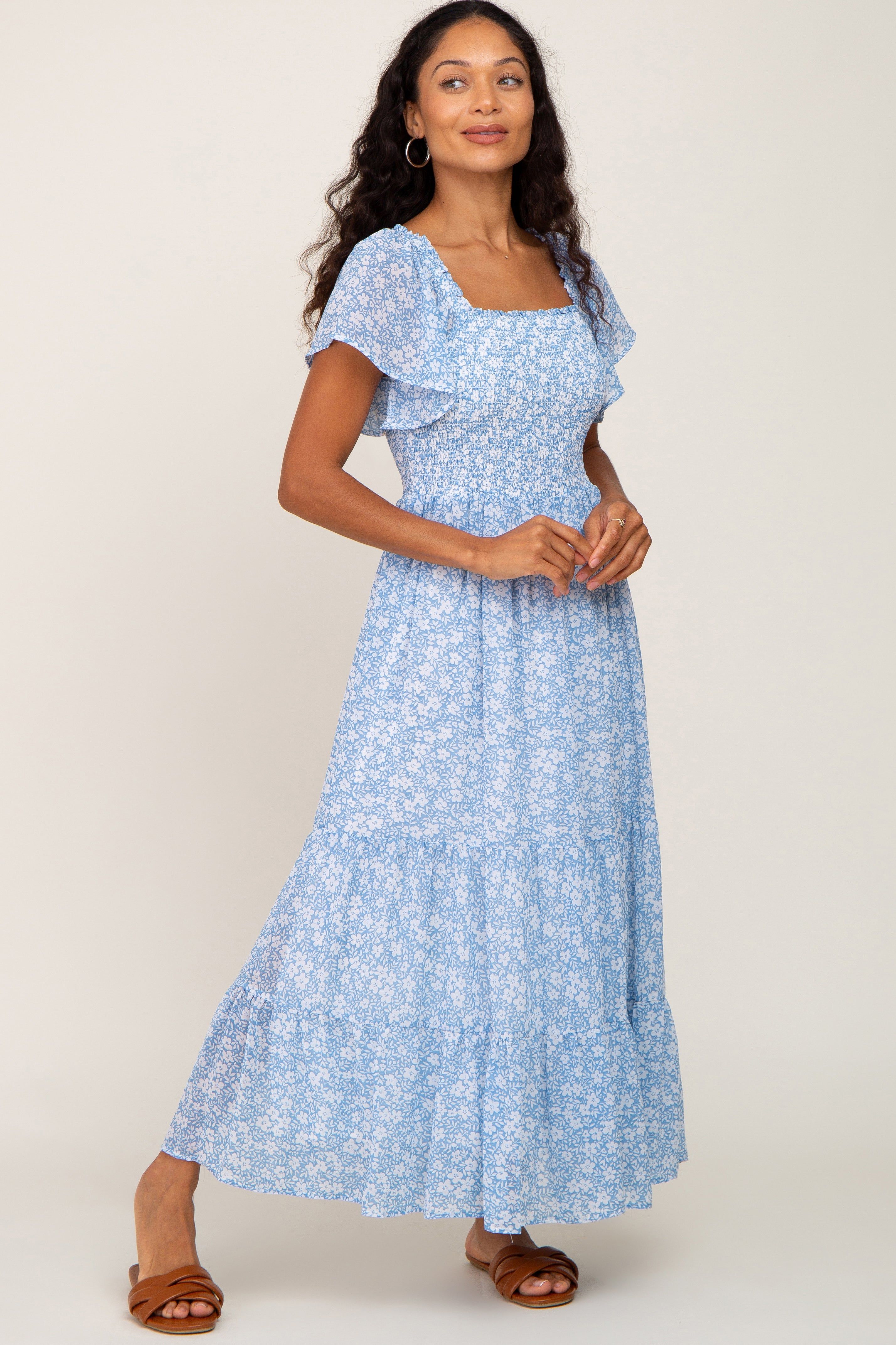 Blue Floral Smocked Tiered Maxi Dress sold by Pinkblush
