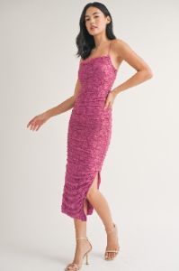 Magenta Floral Lace Ruched Cross Back Midi Dress sold by Pinkblush