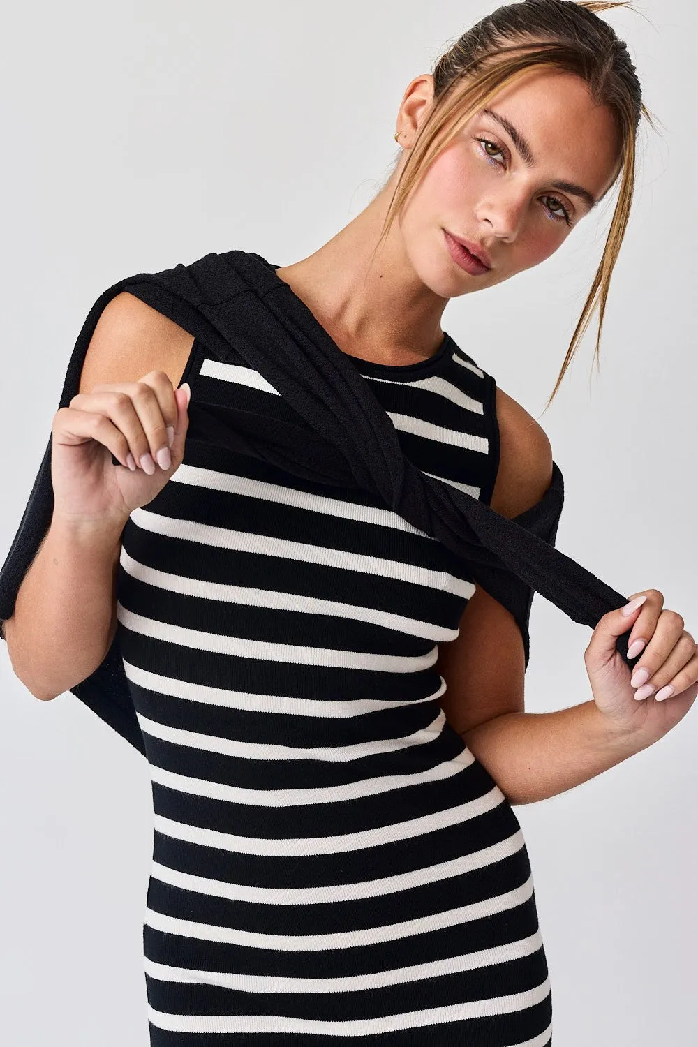 Black White Striped Knit Sleeveless Side Slit Midi Dress sold by Pinkblush product image thumbnail 4