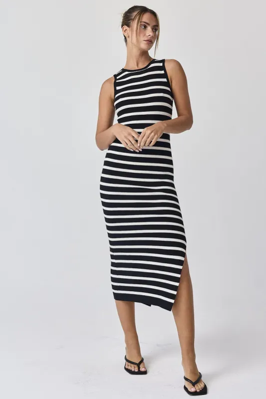 Black White Striped Knit Sleeveless Side Slit Midi Dress sold by Pinkblush