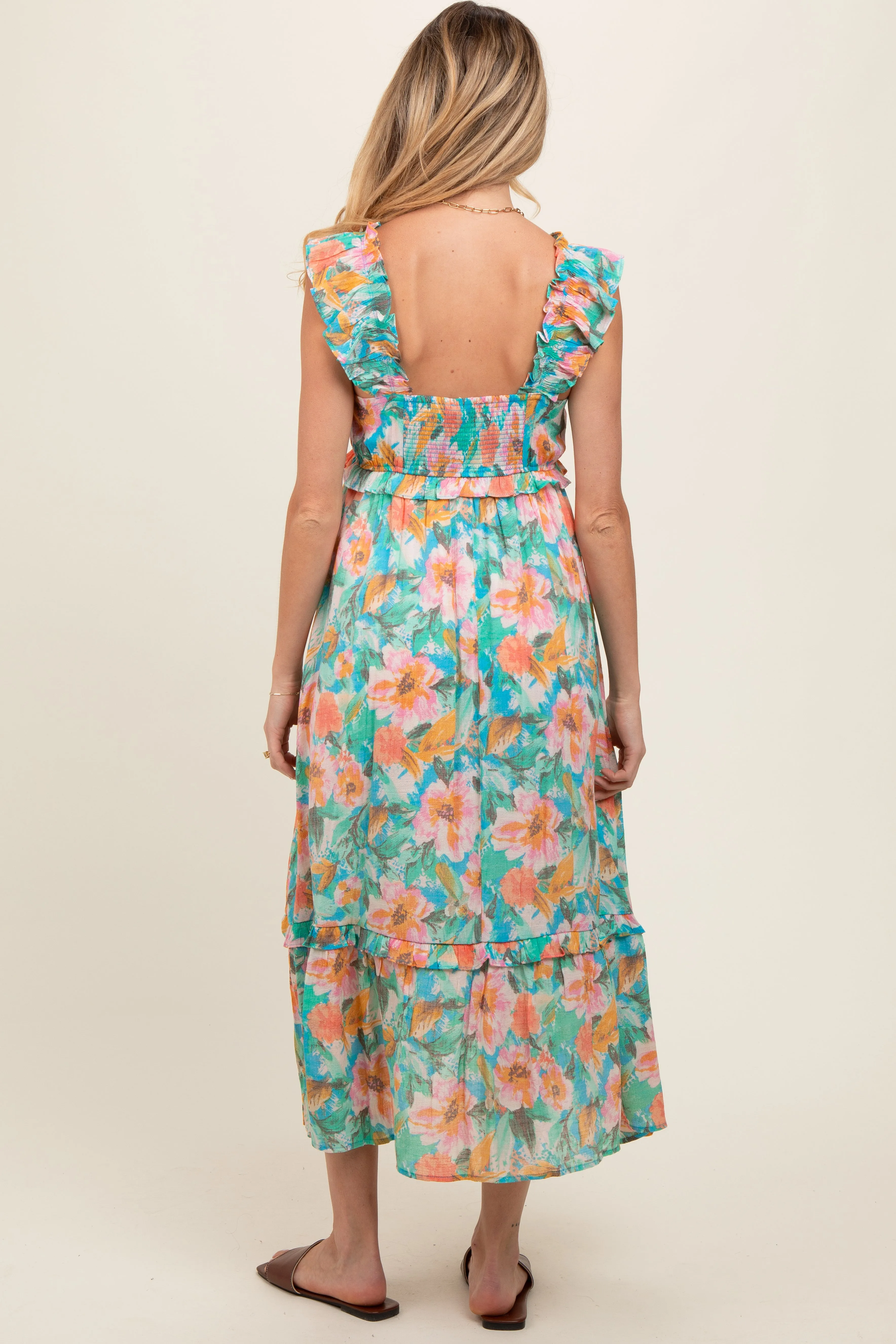 Aqua Watercolor Floral Ruffle Accent Maternity Midi Dress sold by Pinkblush product image thumbnail 4