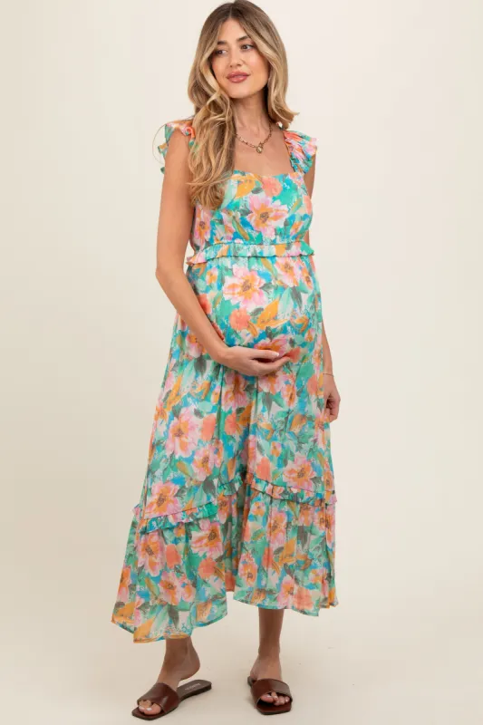 Aqua Watercolor Floral Ruffle Accent Maternity Midi Dress sold by Pinkblush