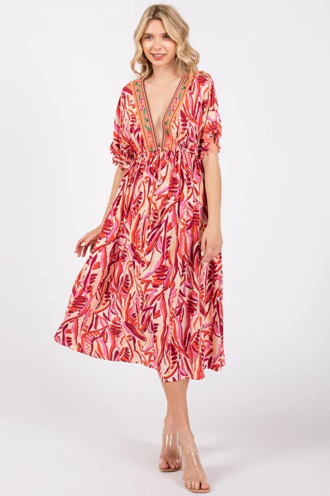 Orange Embroidered V-Neck Short Pom Sleeve Midi Dress sold by Pinkblush