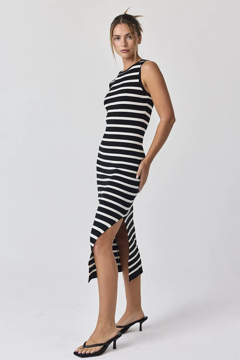Black White Striped Knit Sleeveless Side Slit Midi Dress sold by Pinkblush product image thumbnail 2