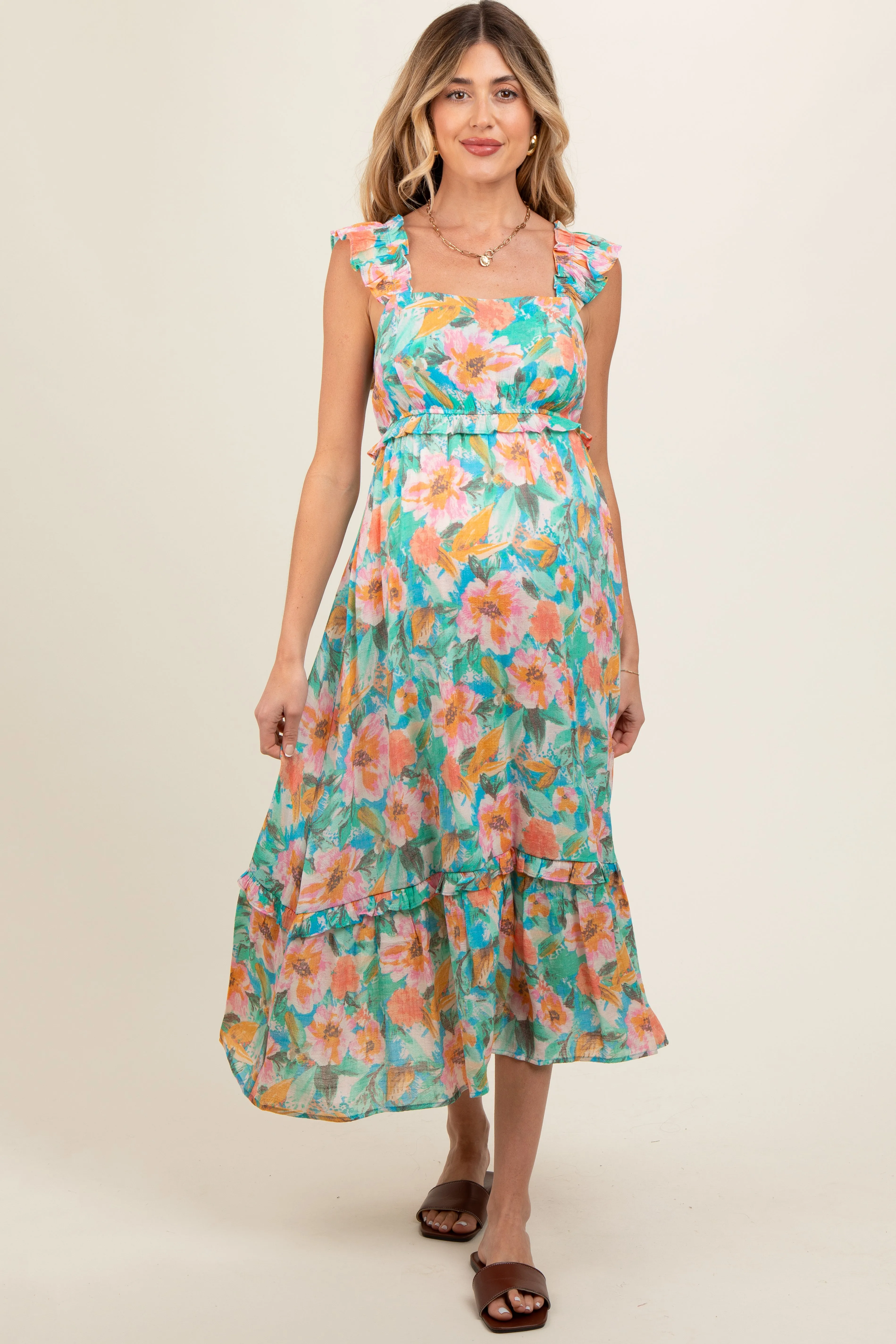 Aqua Watercolor Floral Ruffle Accent Maternity Midi Dress sold by Pinkblush product image thumbnail 2