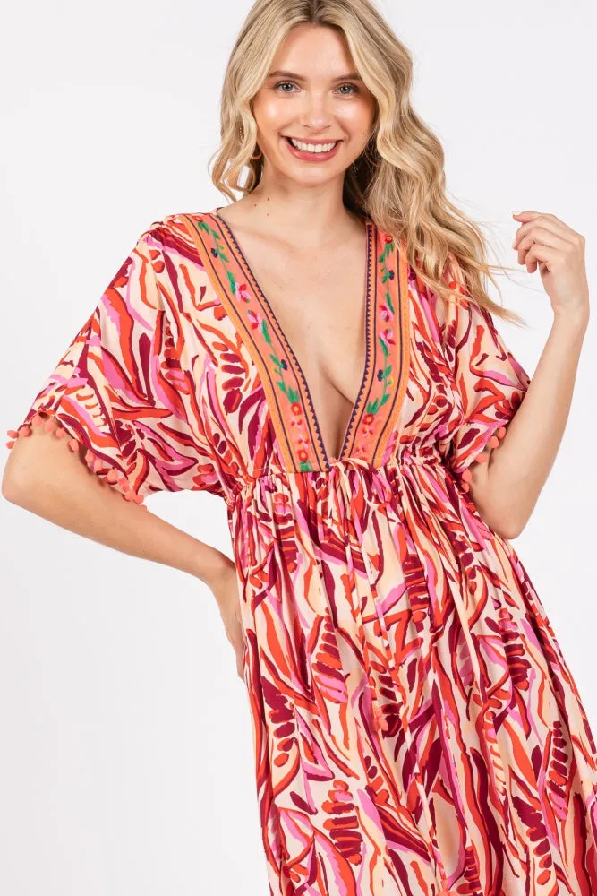 Orange Embroidered V-Neck Short Pom Sleeve Midi Dress sold by Pinkblush product image thumbnail 4
