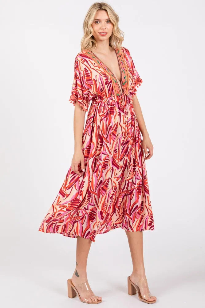 Orange Embroidered V-Neck Short Pom Sleeve Midi Dress sold by Pinkblush product image thumbnail 2