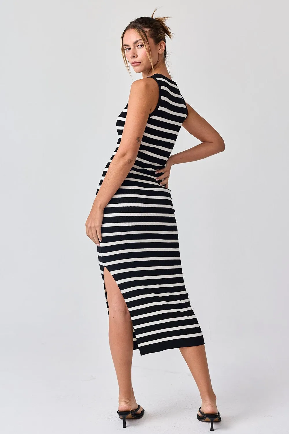 Black White Striped Knit Sleeveless Side Slit Midi Dress sold by Pinkblush product image thumbnail 3