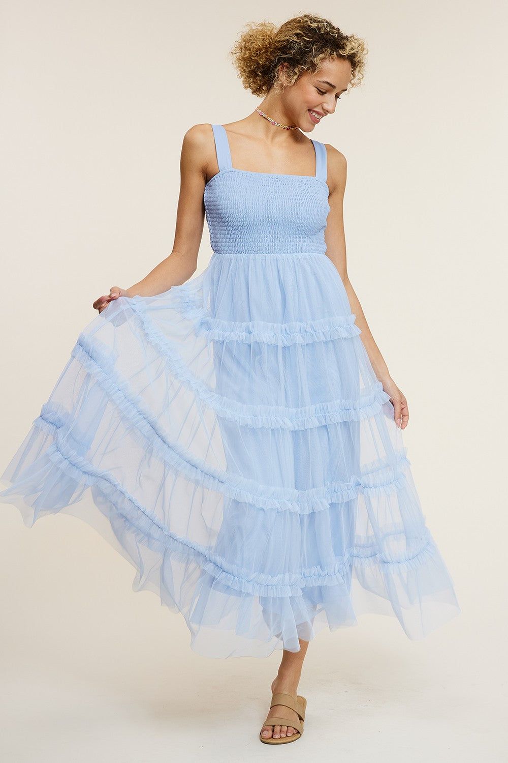 Light Blue Smocked Ruffle Tiered Tulle Midi Dress sold by Pinkblush