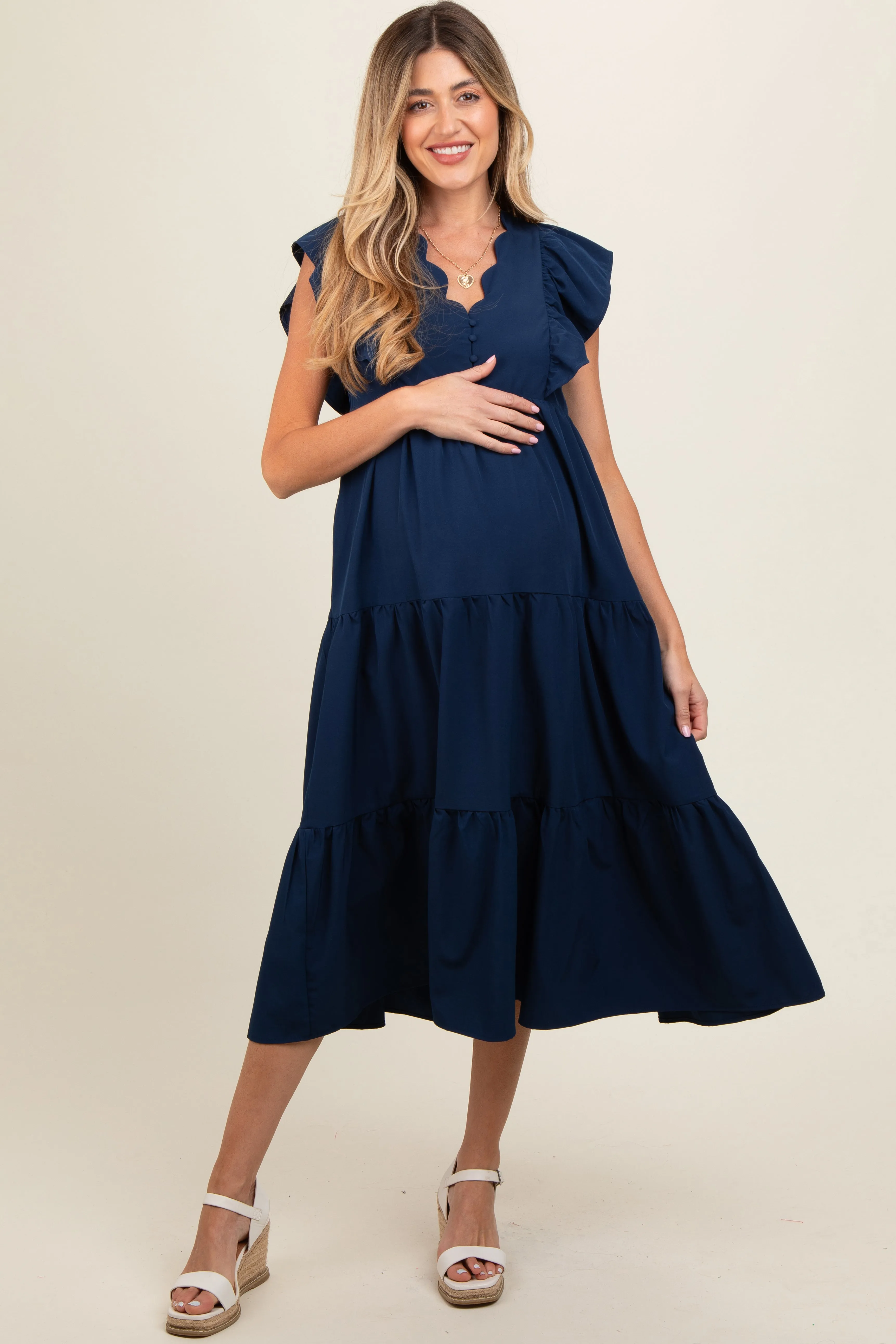 Navy Flutter Sleeve Tiered Maternity Midi Dress sold by Pinkblush product image thumbnail 2