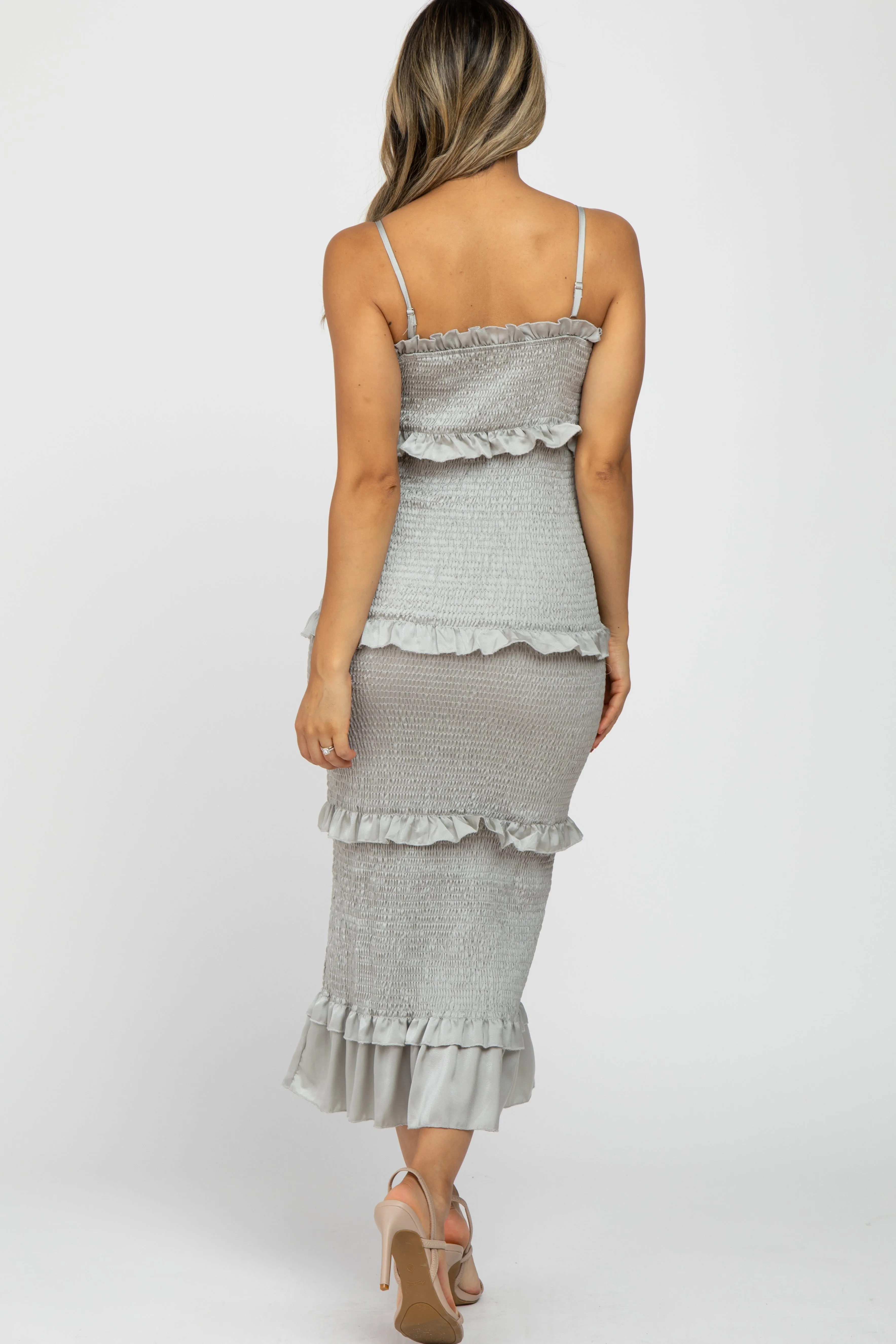 Sage Satin Smocked Fitted Midi Dress sold by Pinkblush product image thumbnail 3