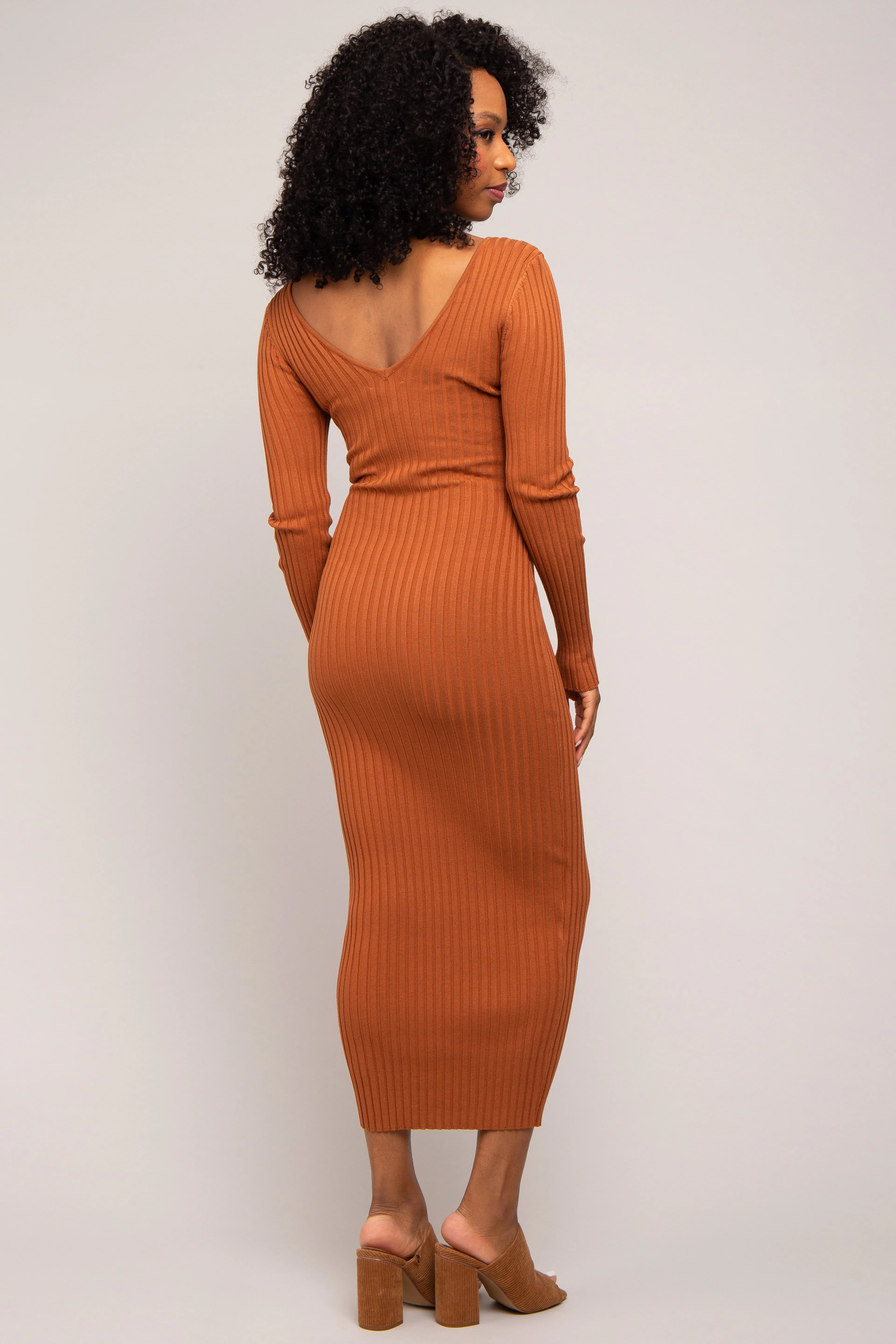 Camel V-Neck Long Sleeve Fitted Maxi Dress sold by Pinkblush product image thumbnail 3