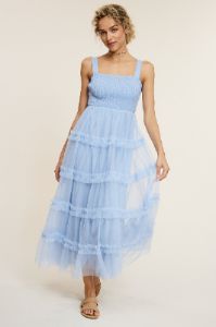 Light Blue Smocked Ruffle Tiered Tulle Midi Dress sold by Pinkblush