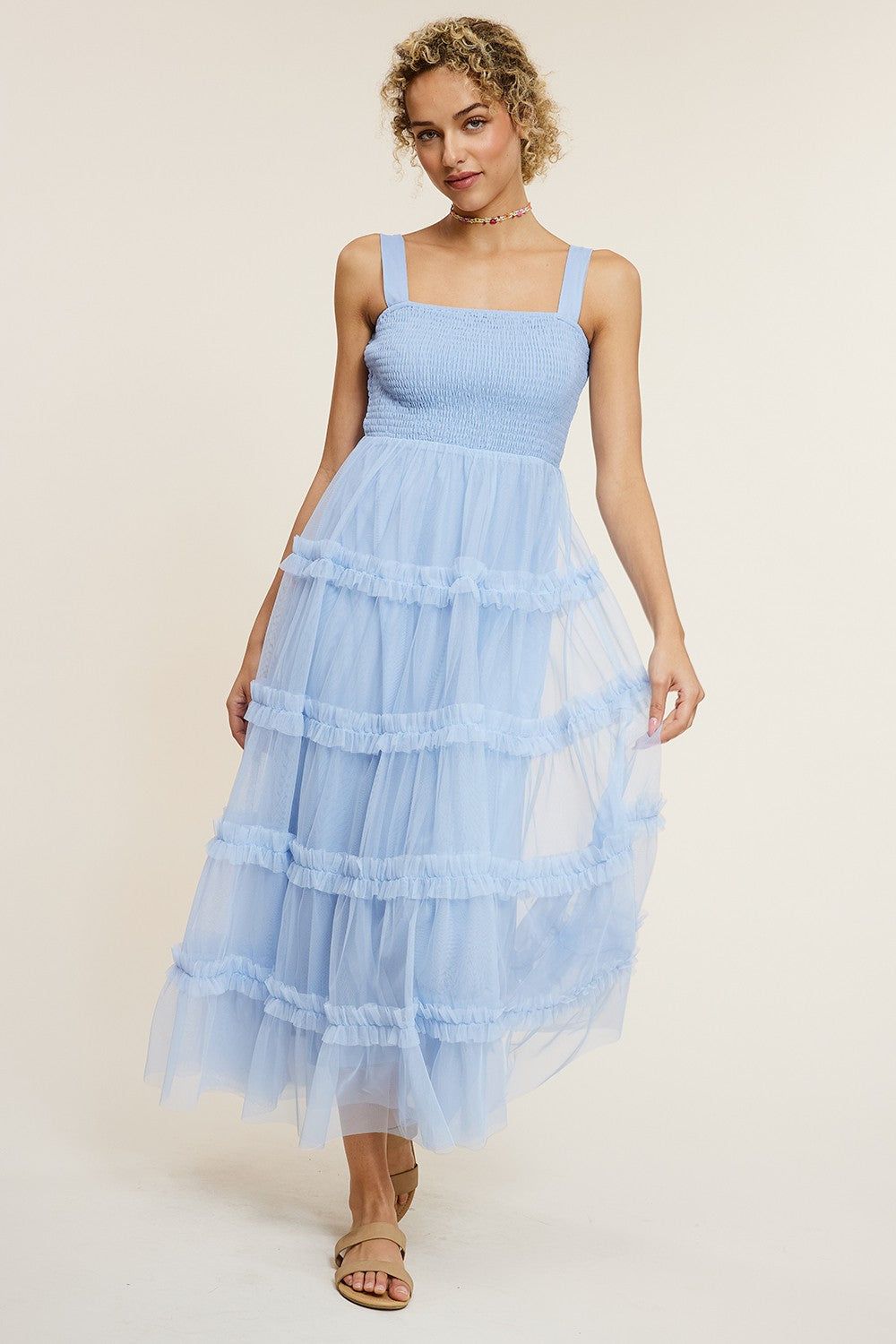 Light Blue Smocked Ruffle Tiered Tulle Midi Dress sold by Pinkblush product image thumbnail 2