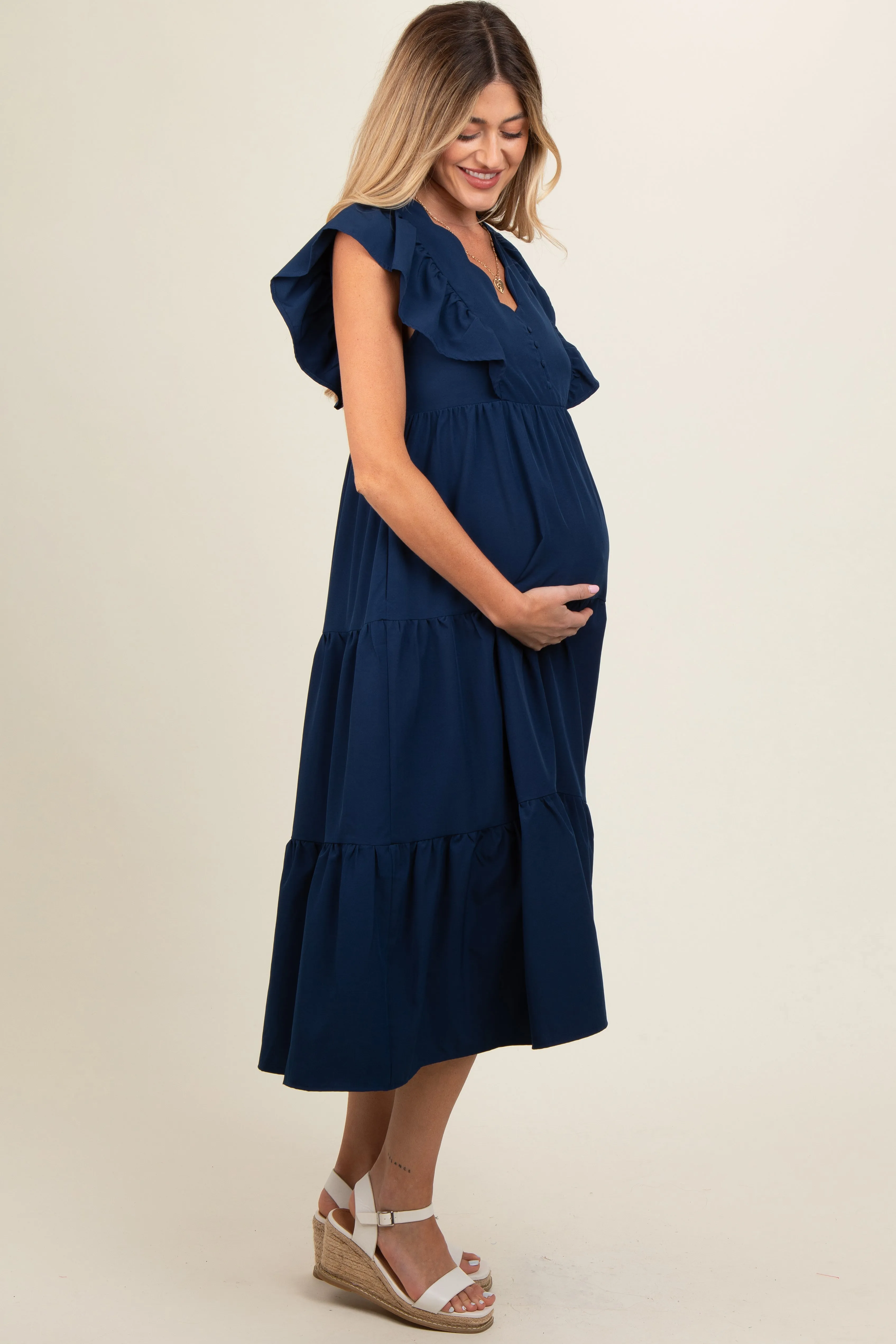 Navy Flutter Sleeve Tiered Maternity Midi Dress sold by Pinkblush product image thumbnail 3